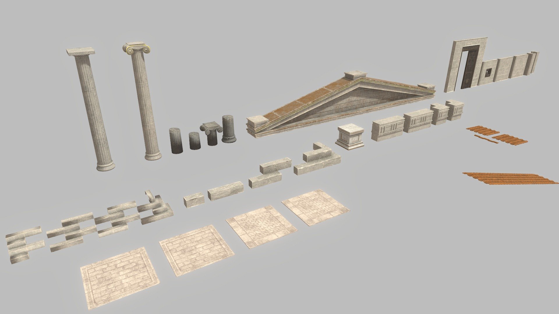 Simple low poly ancient temple modular kit containing walls, floor pieces, slabs, pillars and other parts.

.blend file with packed textures ready to use and export on different formats

Textures and uv maps

3D modeling timelapse HERE (older version)