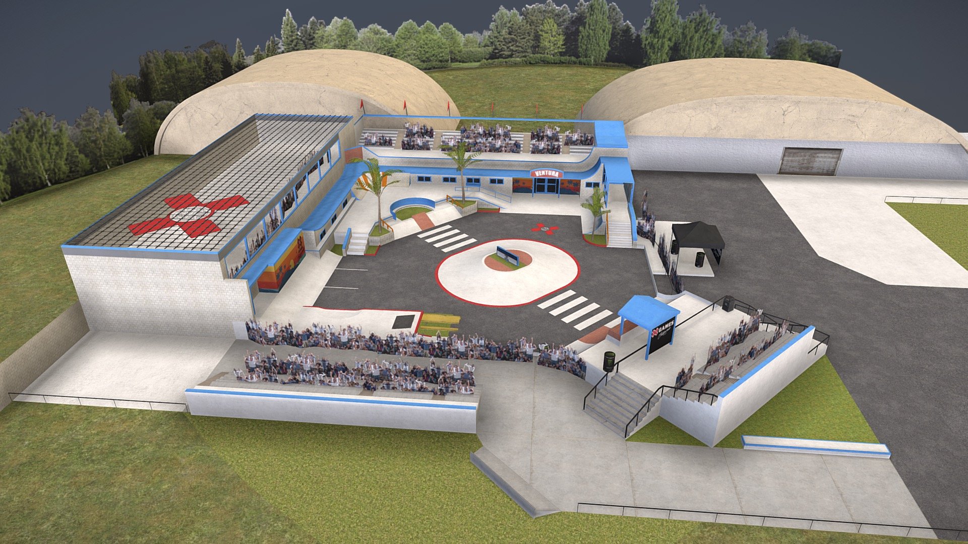 The X-Games held an incredible flagship weekend at the Ventura, CA County Fairgrounds in the Summer of 2023! 
This replica competition course features a street-inspired layout with an array of stair sets, banks, manual pads, ledges, rails and quarterpipes.

I modelled and textured this re-creation from scratch, using both Blender and Photoshop.
3D Model is Low-Poly and Game-Ready.  Enjoy!