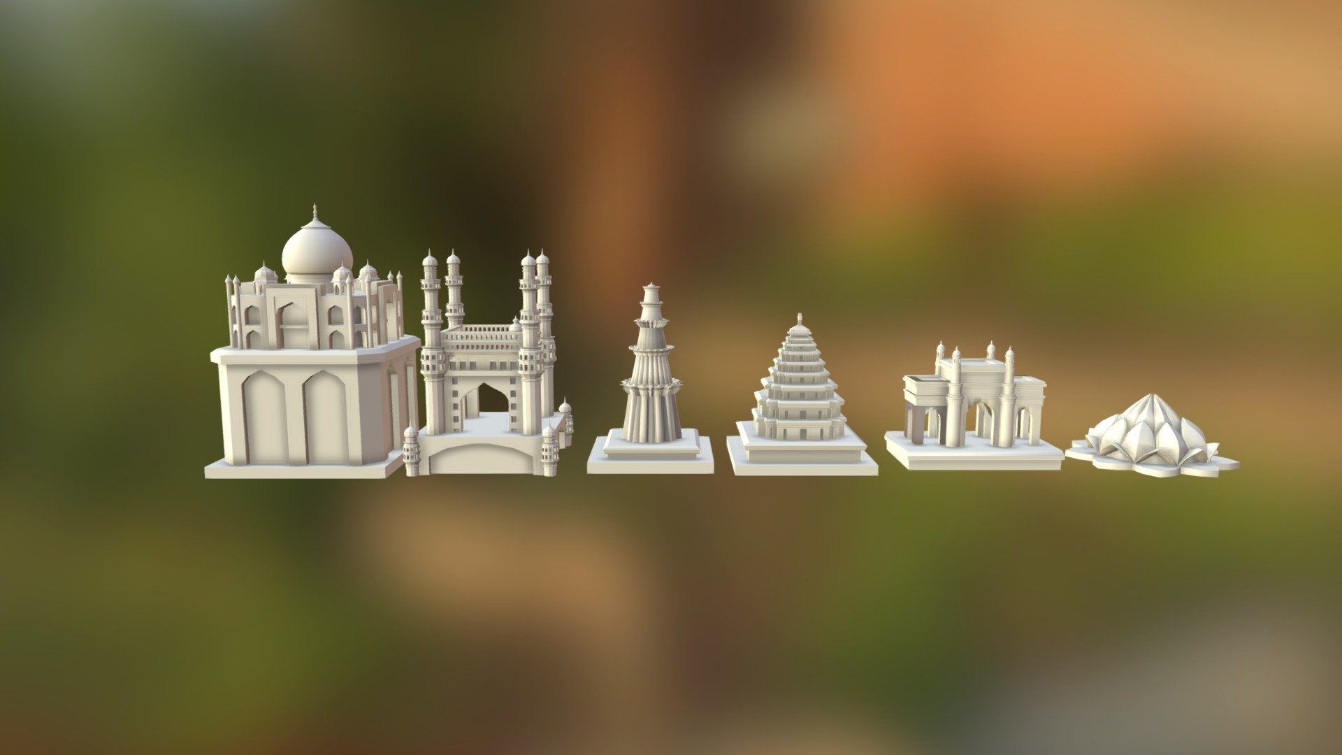 Chess set I created for a client. 
Each piece is a famous monument from India. Included (left to right) are the Taj Mahal, the Charminar, Qutub Minar, South Indian Temple, the Gateway to India and Lotus Temple