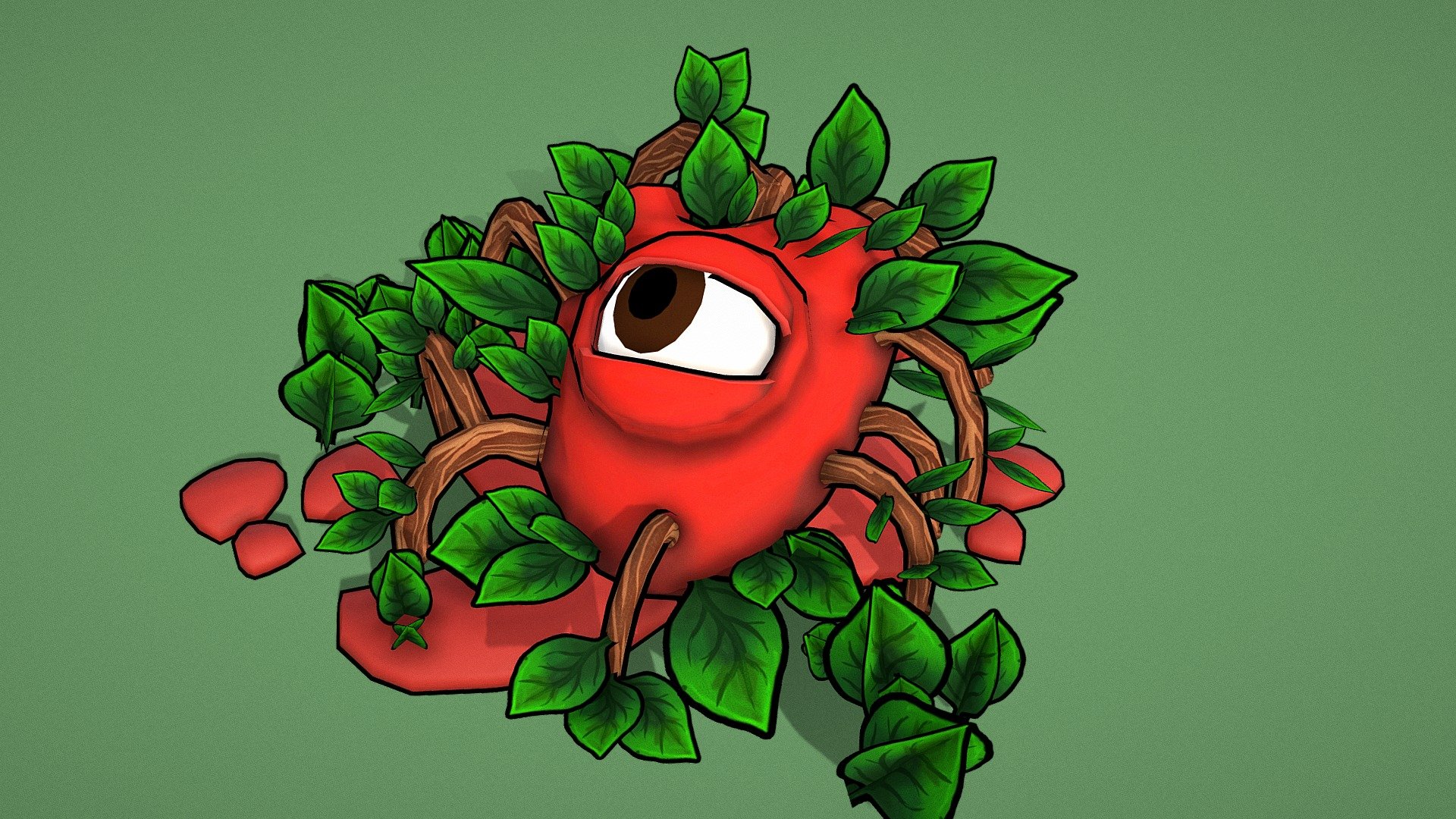 A green cartoony heart with an eye explores its surroundings while beating and giving life to the plants around it.