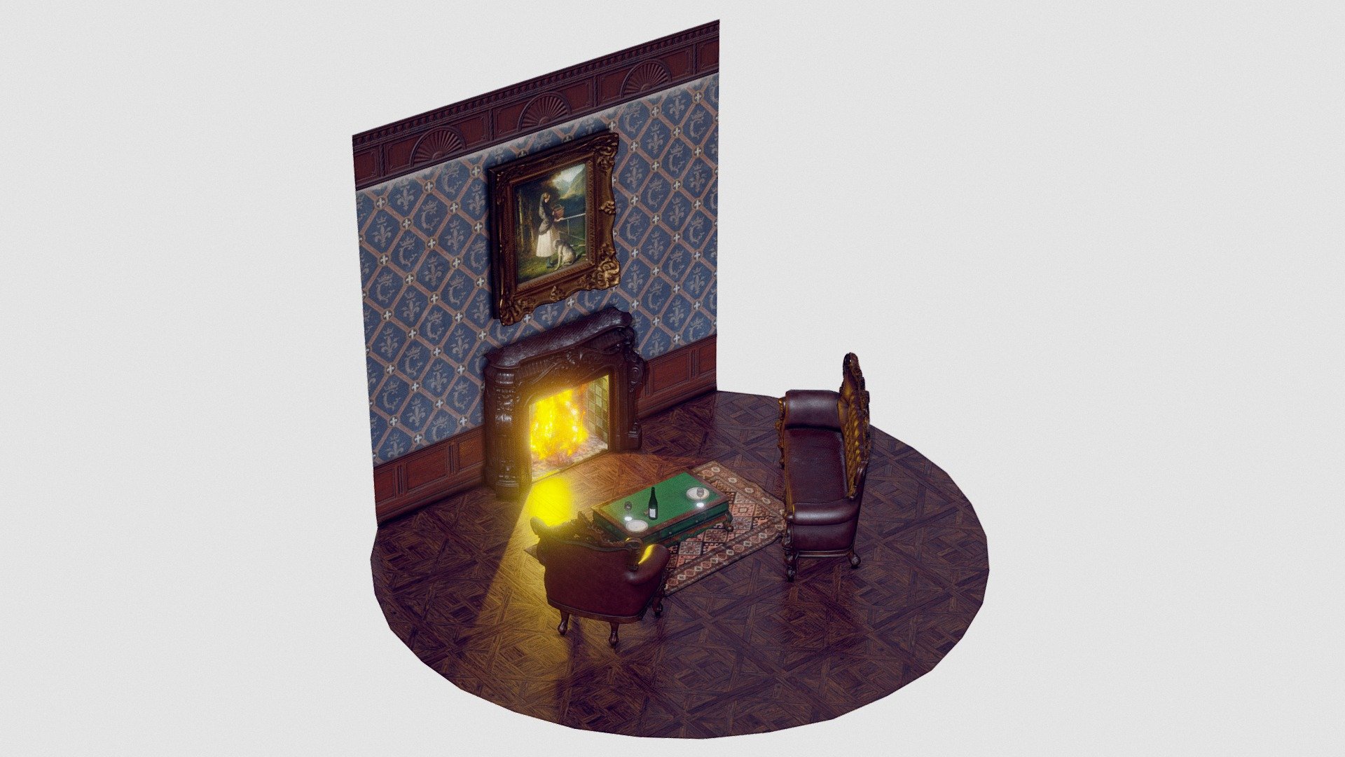 GET IT ON FAB
Part of a room in Baroque style, focused around the fireplace.
With small table, dishes and wine glass left on top of it.
The painting is &ldquo;A Scottish Girl