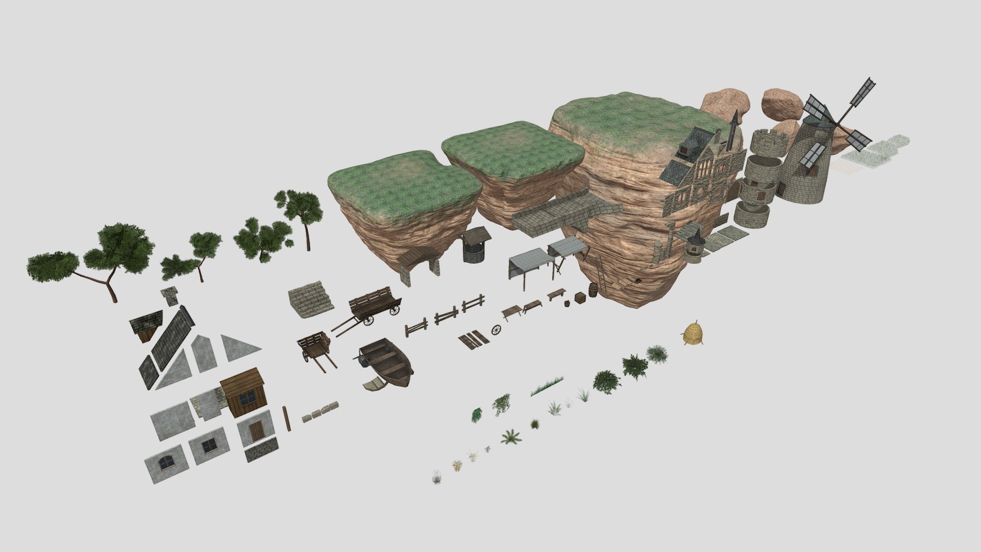 Fantasy medieval assets collection and modular buildings components.
Also in the package there are plants and trees.
This pack contains: bridge components, boat, wagon, windmill, tent, boxes, logs and more awesome models.
The scene that was made with this pack: https://sketchfab.com/3d-models/castle-in-the-sky-00b3e524d17e4f77910b307c36cc942d
