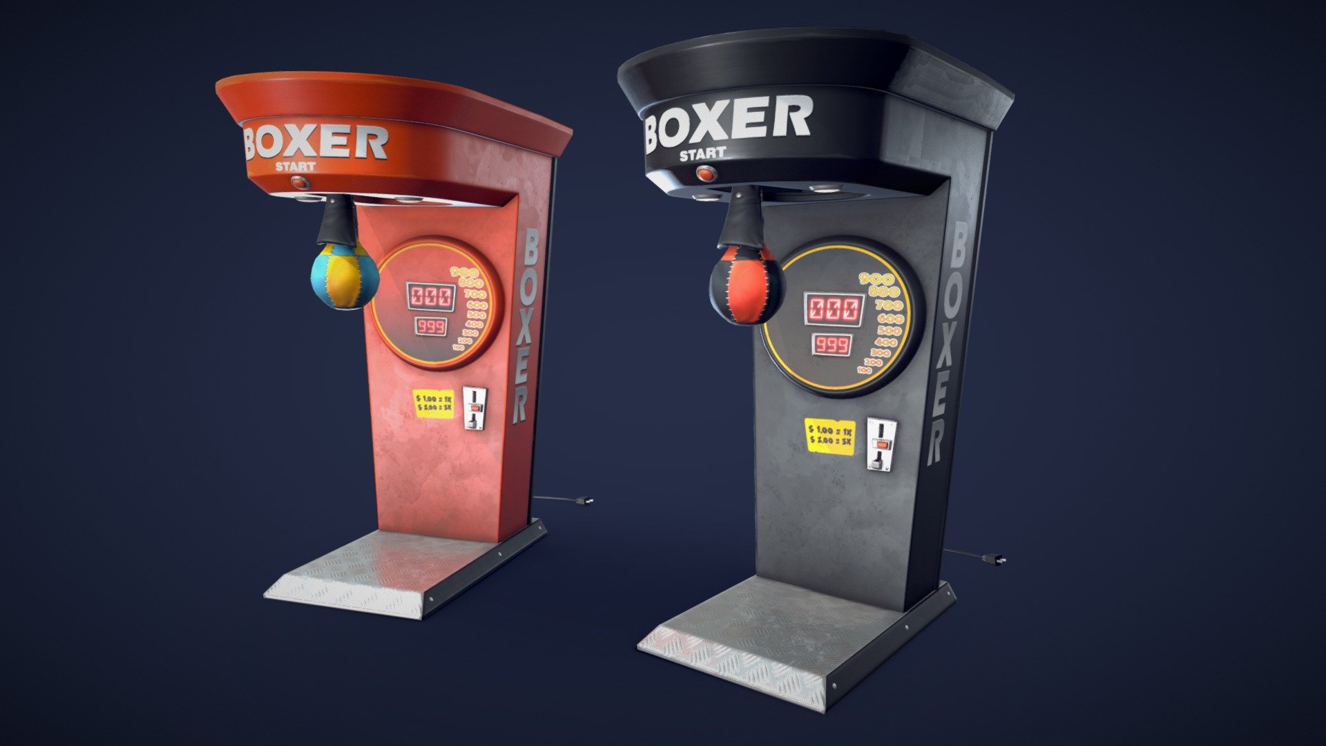A optimized 3D model of a punching / boxing machine.
The asset comes with 2 options for textures that can change the color of the machine.
Whether you want to create a sporty arcade scene, a competitive game mode, or a challenging mini-game, this asset will add some excitement and action to your game.

Model information:




Optimized low-poly assets for real-time usage.

Optimized and clean UV mapping.

2K and 4K textures for the assets are included.

Additional unposed punching machine is included.

Additional punching machine (bag up) is included.

2 color variation textures are included.

Compatible with Unreal Engine, Unity and similar engines.

All assets are included in a separate file as well.

Here is a look at the assets included in this pack:
