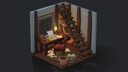 Writer's Office office, room, wooden, books, typewriter, isometric, dusk, writer, mess, poems, isometric2020challenge
