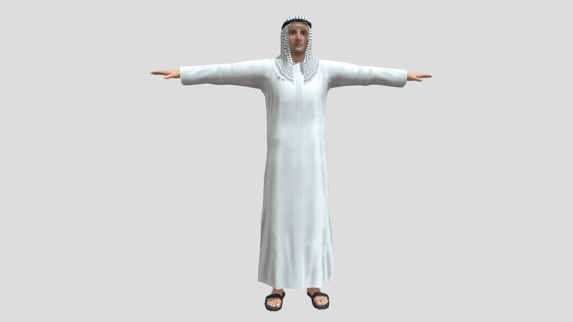 Description:
Arab Male 3D model is a high quality, photo real model that will enhance detail and realism to any of your game projects or commercials. The model has a fully textured, detailed design that allows for close-up renders. 

Features:
• High quality polygonal model with detailed texture, correctly scaled for an accurate representation of the original object.
• Maya 2019 V-Ray and standard materials scenes along with multiple other file formats.
• Texture files are given in .jpg formats for easy access.
• All preview images are rendered using Autodesk Maya vray
• No cleaning up necessary, just drop your models into the scene, Load the texture and start rendering.
• No special plugin needed to open scene.
