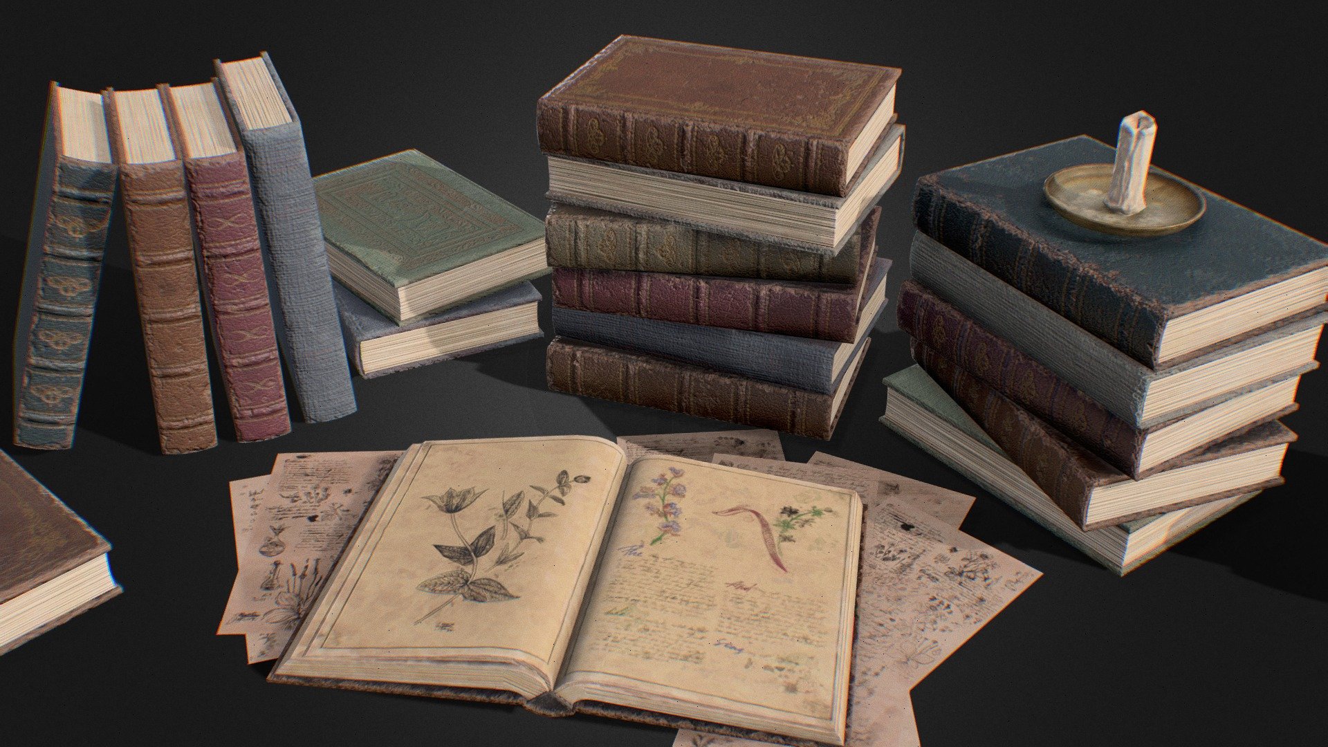 This model is a collection of game ready Victorian-era books.

You can get this model on Fab

Features




The model includes 1 open book, 10 individual books (leather and cloth), 2 book piles, 8 unique paper notes, and a candle holder

The model is low-poly and optimised for use in game, VR, archviz, and visual production.

The model has clean topology, grouped and named appropriately, and unwrapped with no overlaps.

7,352 triangles; 3,940 vertices.

Modelled in Blender and textured in Substance Painter.

Additional File includes high poly mesh and Unreal Engine and Unity textures

Textures

Model has 1 PBR texture set. Textures are in .png at 4096x4096 and includes: Base Colour, Roughness, Metallic, Normal.