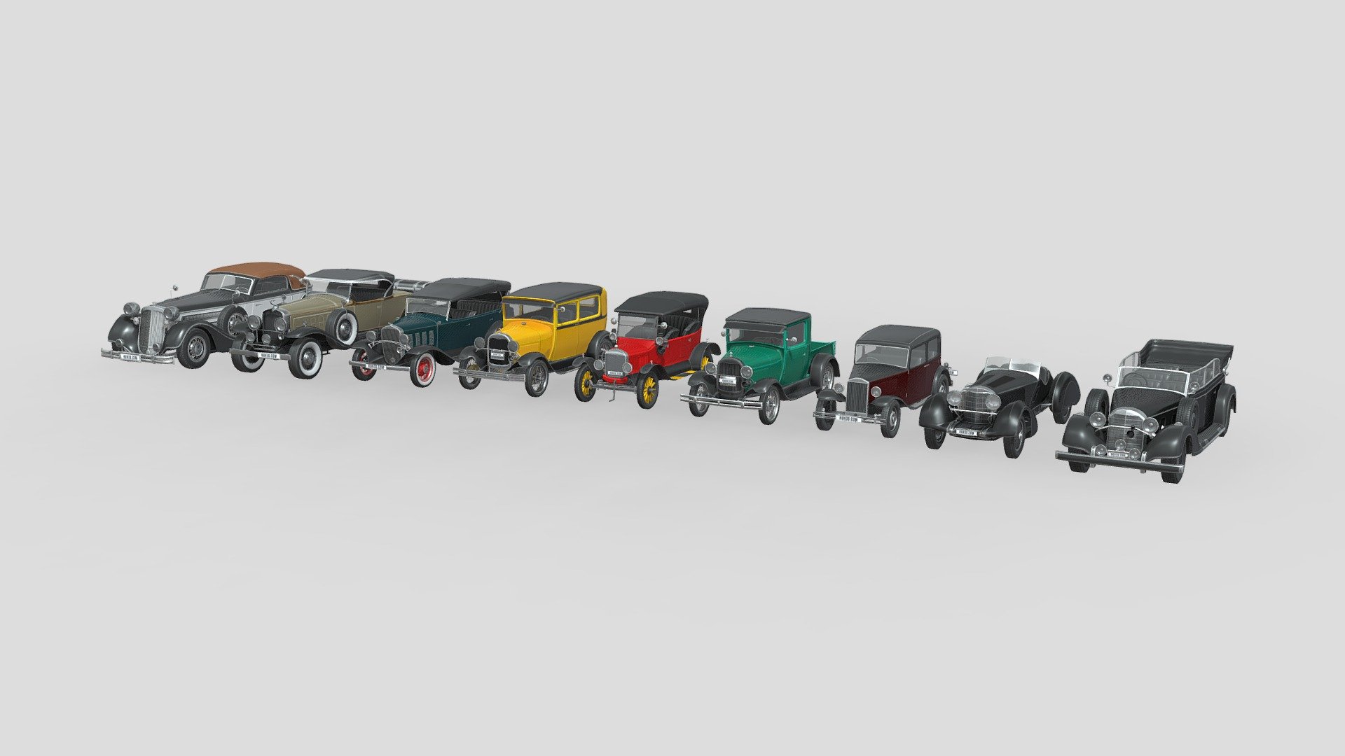 This models pack contain 9 different cars, with nice and clean geometry.

Features : 





Low poly cars, each cars only have about 7k polygons.




It’s included PSD file, so you can easily change the color (Using Photoshop). 




Nice detail, thanks to the baked-textures in 4K size.



Cars included in this pack: 




Horch A Sport Cabriolet 1937

Cadillac V16 Roadster 1933

Chevrolet Confederate 1932

Ford Model A Tudor 1929

Ford Model T 1929 

Ford Model A Cab 1928

Lancia Augusta 1933

Mercedes-Benz SSK Trossi Roadster 1930

Mercedes-Benz 770K 1936

Buying this collection, you will save a large amount of money!