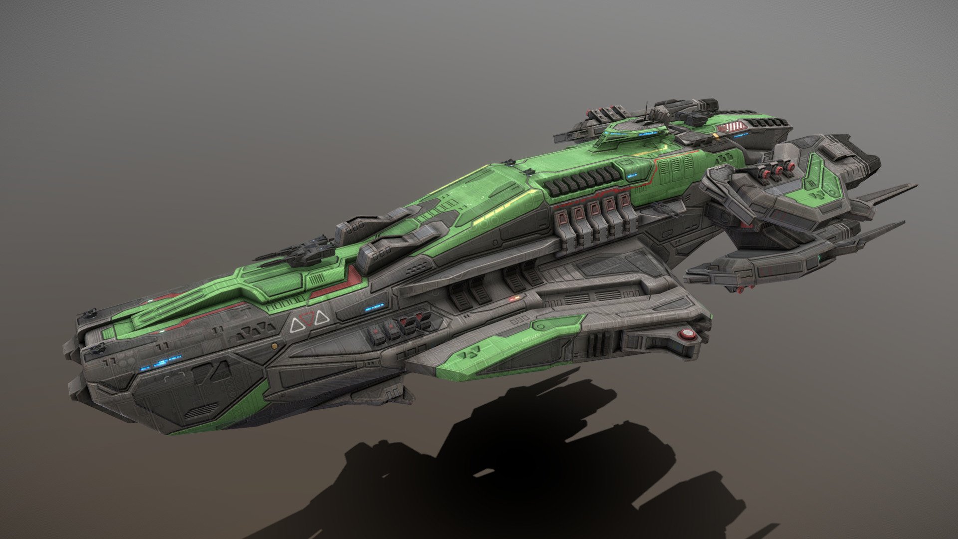 This is a model of a low-poly and game-ready scifi spaceship. 

The weapons are separate meshes and can be animated with a keyframe animation tool. The weapon loadout can be changed too. 

The model has several modular parts for bridge, engine and side modules. These parts can be changed to create different looking ships.

This model has optional maneuvering thrusters for newtonian physics based movement. They do fit on other ships too.

The model comes with several differently colored texture sets. The PSD file with intact layers is included.

Please note: The textures in the Sketchfab viewer have a reduced resolution (2K instead of 4K) to improve Sketchfab loading speed.

If you have purchased this model please make sure to download the “additional file”.  It contains FBX and OBJ meshes, full resolution textures and the source PSDs with intact layers. The meshes are separate and can be animated (e.g. firing animations for gun barrels, rotating turrets, etc).