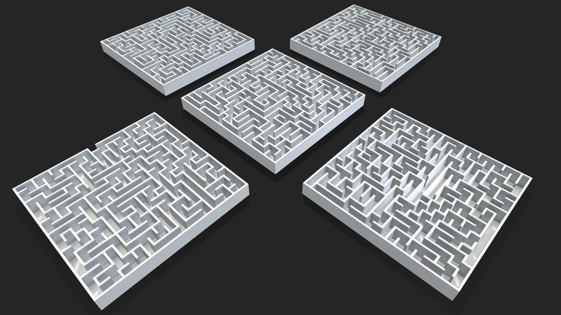 (Available for purchase on CGTrader)

Brief:

A set of 5 different square maze layouts.
Modeled in Rhino &amp; 3ds Max 2021 and rendered with Vray 5.
Each maze consists of 2 objects; the maze itself and its base.
Clean topology and logical dimensions.
Easily customizable.

Dimensions:

Length = 20 meters
Width = 20 meters
Height = 2 meters
Corridor Width = 0.8 meters.

Poly Count:

Total Number of Polygons = 4,345
Total Number of Vertices = 5,000
Each Maze is around 900 Polygons.

Textures:

No textures are included, just a basic shaded material.

Formats:

.MAX
.FBX
.OBJ
.3ds
.STL

Please Note:

No lights/cameras are included in the files.
If you have any requests or inquiries, don't hesitate to contact us and we'll be more than happy to assist you.
Feel free to request any customizations like changing the height, adding/removing entrances &amp; exists, etc.
A lot of effort and time were put into this model so if you're satisfied with the model, leaving a rate/review would be appreciated!