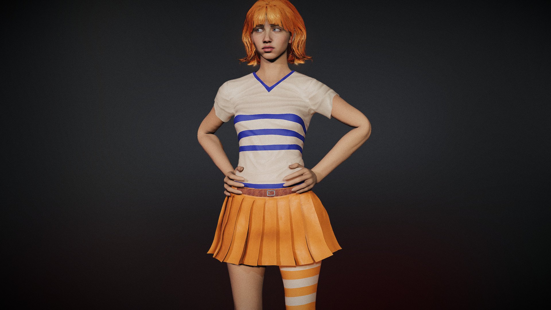 Nami from One-Piece series film female model. mixamo bone names for animations. sss subsurface scattering. body fully rigged.  basic face rig. model in blender file. Basic animation.
