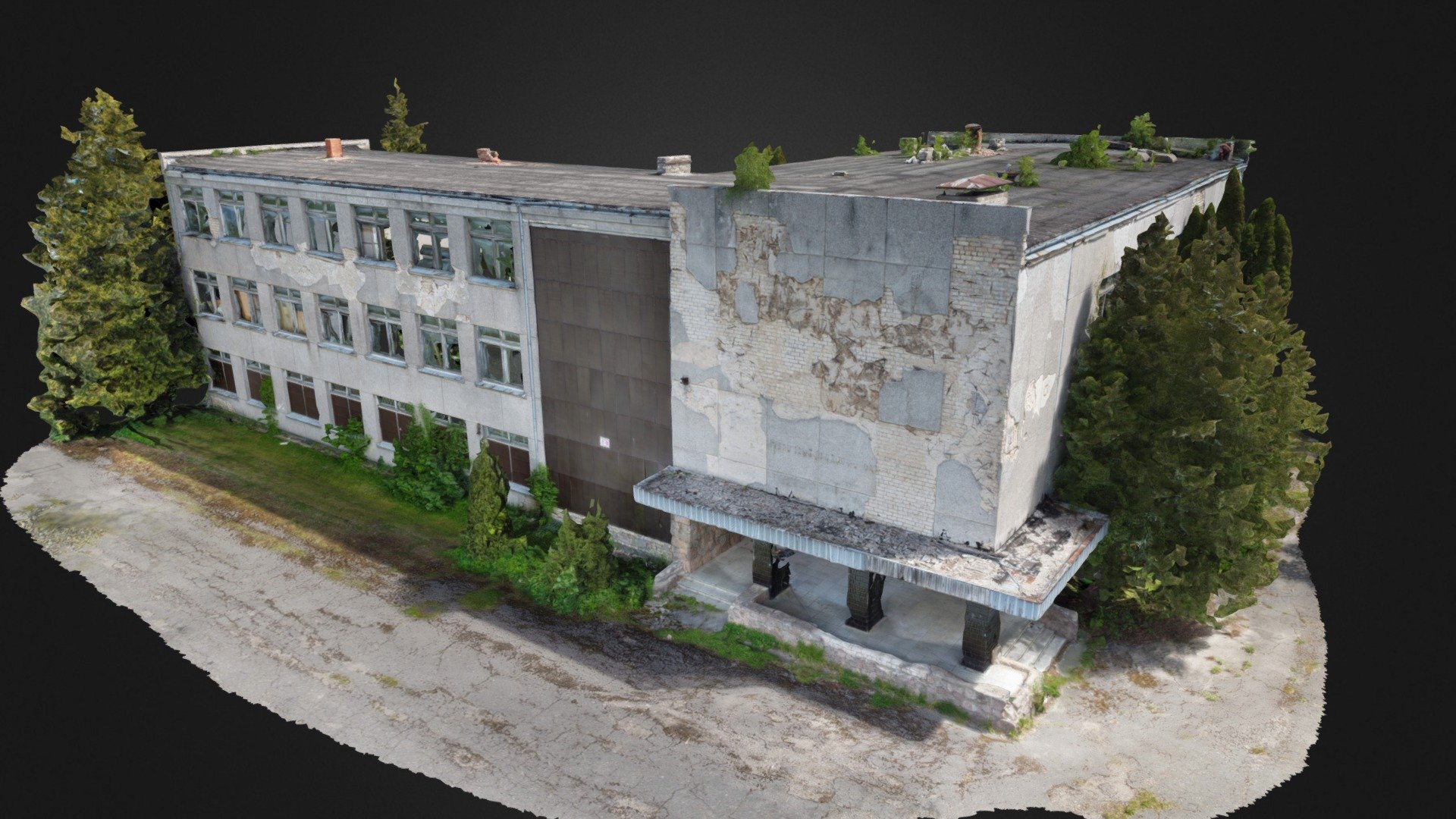 Contact me for a higher poly count model.

3D scan of an old, abandoned derelict soviet school.

Old walls, chipped concrete, bricks showing, dirty roof, boarded up entrance.

With normal map.