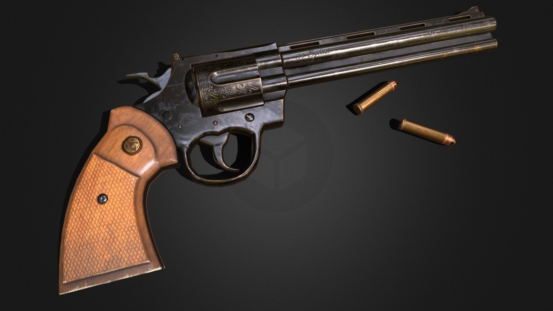 3D model of a revolver inspired by the Python. The 3D model is optimized for video game.
There is a version without inscriptions !

Included in the package :

4 textures pack in 4096 - with one are composed with Color/Normal/Roughness/AO/Metalness


black render
black render without inscription (no sentences)
grey render
grey render without inscription (no sentences)

3D Model (OBJ + FBX) :


Revolver 3678 triangles
Bullet 208 triangles
