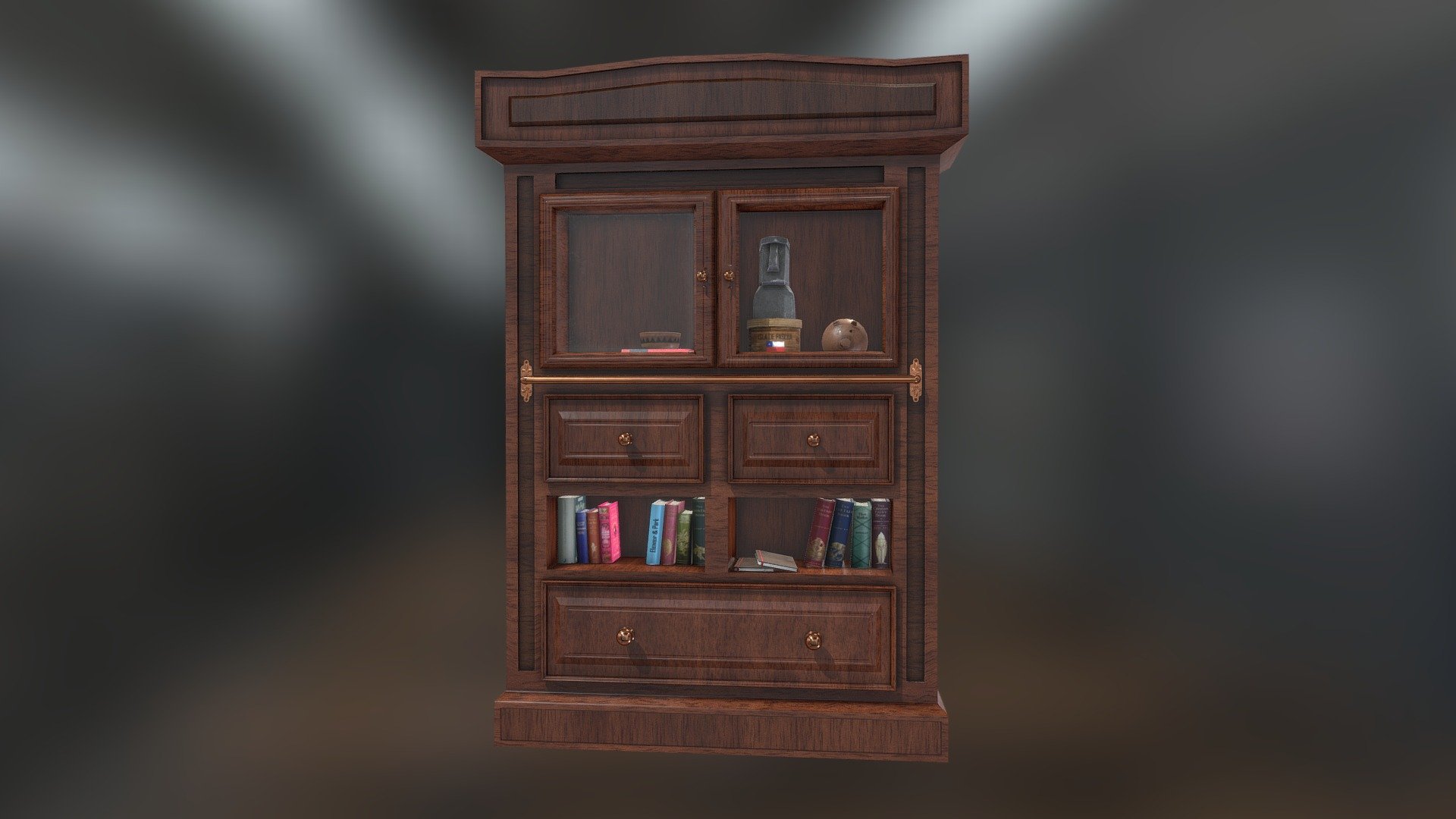 Model based on a piece of furniture from my own house.
3D model contains:
- 14 independent books,2 book of plain, Functional drawers, Moai sculpture, Clay pig, Clay vessel, Original Maya file, FBX and Textures

If you need help with this model or have any questions, feel free to contact me. I will be happy to help you.

Contact:

Instagram: @MurallaMuerta

Artstation: SebastianBA

Email: sebastian96ba@gmail.com

Render Reference:
