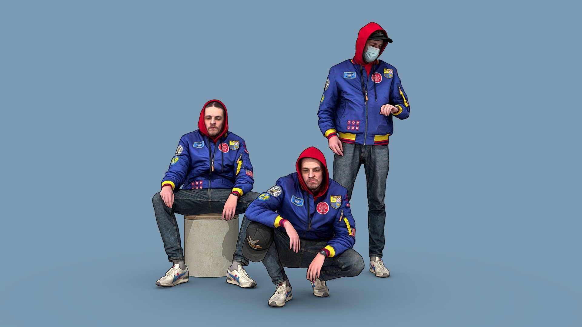 Follow us on instagram ✌🏼

✉️ Pack of 3 character models, a young man, a handsome tall guy, a city dweller, a tourist, a student, stylishly dressed, in a cap, with a hood, in a blue bomber jacket, jeans, in a medical mask on his face, standing, waiting, keeps track of the time on his wrist watch.

🦾 This model will be an excellent mid-range participant. It does not need to be very close and try to see the details, it reveals and demonstrates its texture as much as possible in case of a certain distance from the foreground.

⚙️ Photorealistic Casual Character 3d model ready for Virtual Reality (VR), Augmented Reality (AR), games and other real-time apps. Suitable for the architectural visualization and another graphical projects. 50 000 polygons per model.