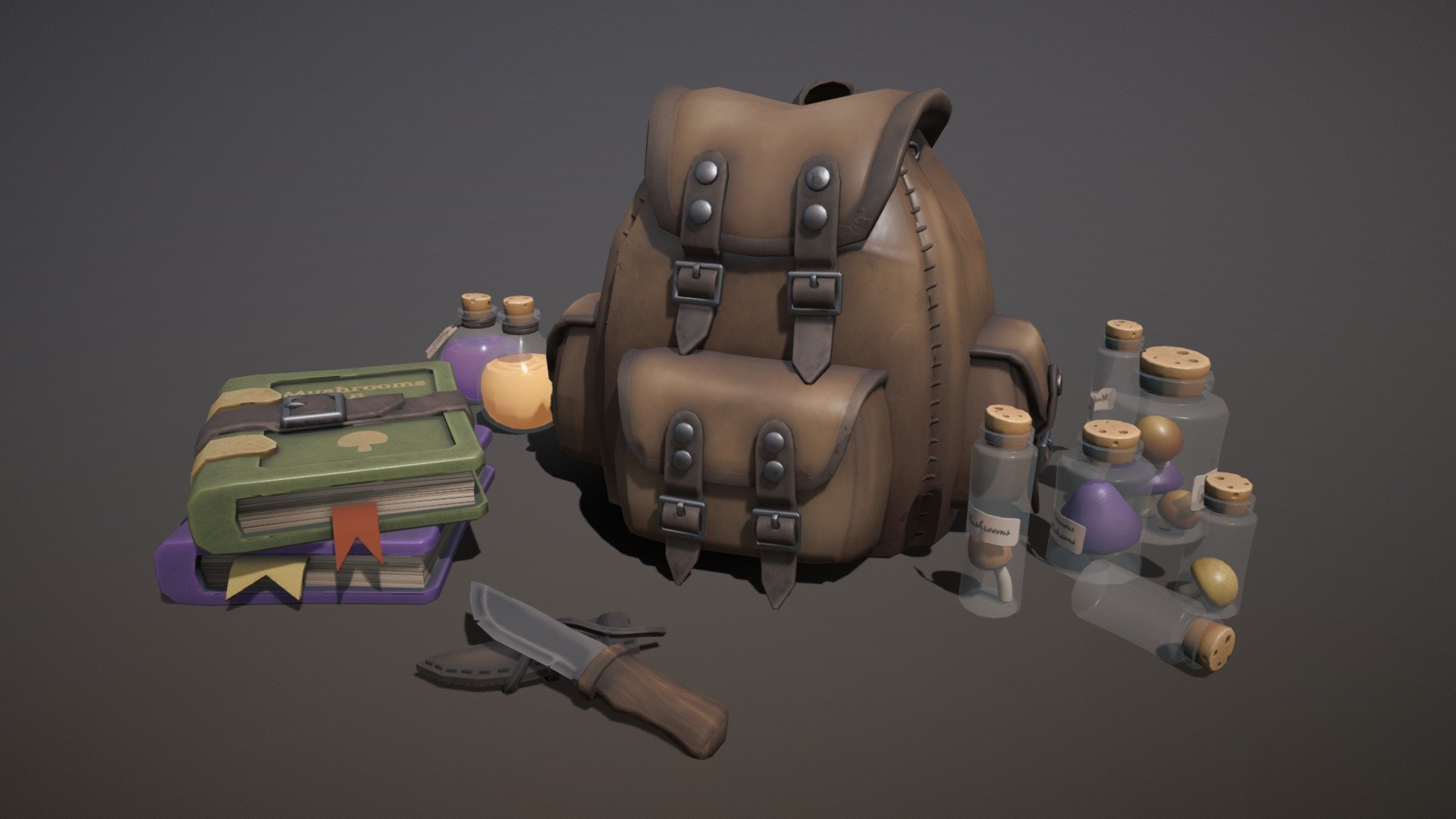 

A fantasy mushroom gathering kit in a stylized art style.

Lowpoly game ready props.
File in .obj with 3 materials consisting of:




Base Color

Metalic

Roughness

Normal

Ambient Occlusion

Opacity

Emission
