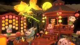 Mid-Autumn Festival Party lantern, moon, figure, cloud, anthro, night, party, festival, background, furry, lanterns, mooncake, midautumn, 3d, animal, half-human, zodiacs
