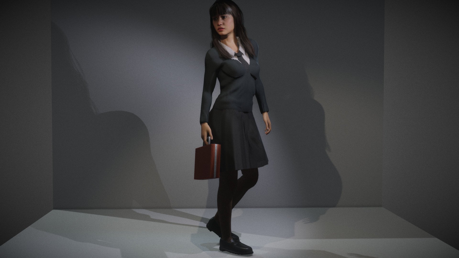 Female University Student Girl in Skirt  girl 3D model. Basic animation loop.  Model in Blender file. Body Fully rigged, face basic rig. SSS subsurface scattering. mixamo bone names for animation. Blend file format. (you can export to any format from blender).