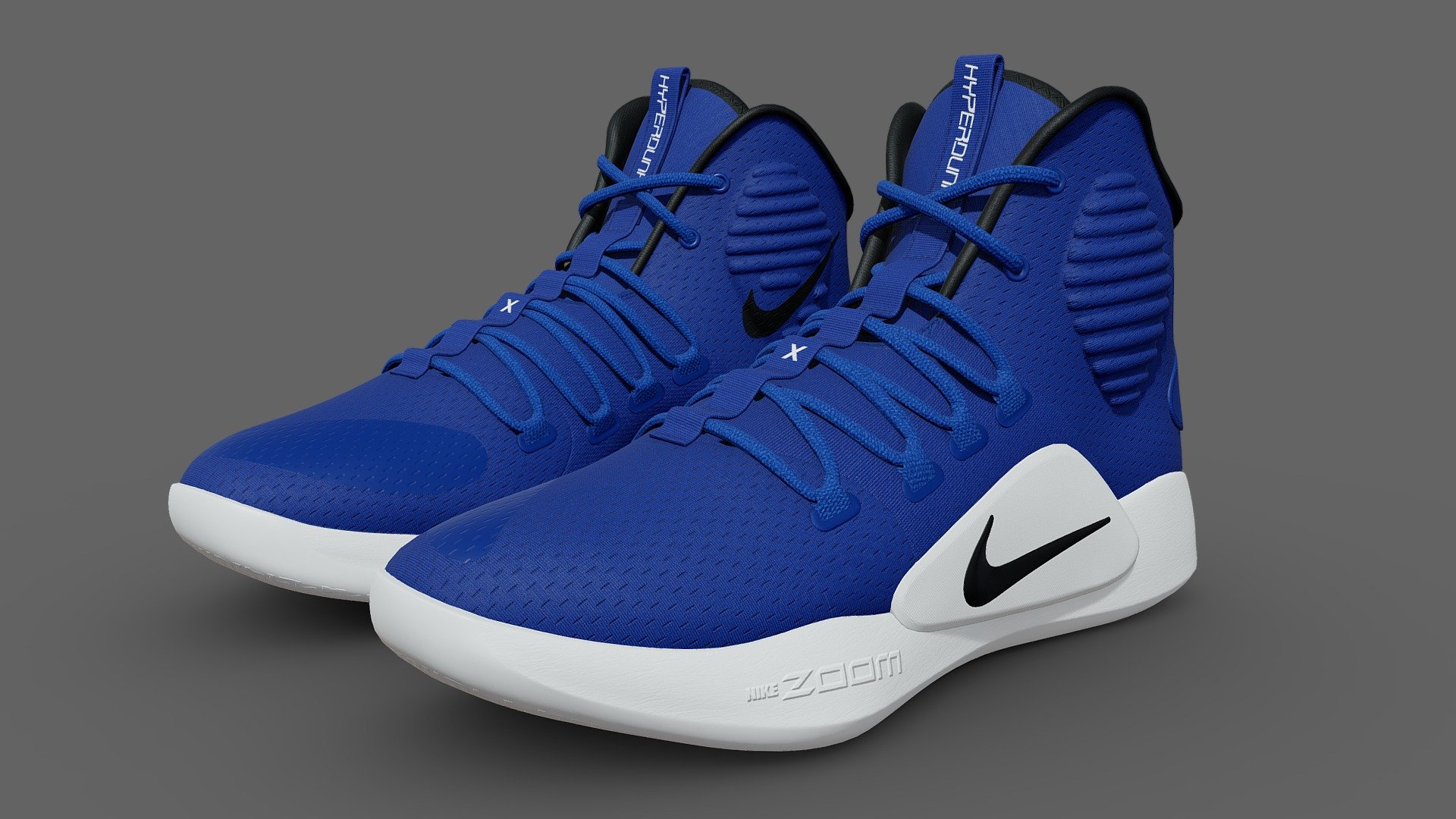 Nike Basketball Shoes Hyperdunk X EP

This model is suitable for use in broadcast, film , advertising, visualization, games. etc
The model is accurate with the real world size and scale
Easily Compatible with Unity 3d

**[ TEXTURES ] **

Textures Formats: PNG 8192 x 8192 

Textures Formats: PNG 4096 x 4096

Blender file included with 8K Textures Embedded within the file.
Both the shoes share the same textures except for the Roughness &amp; Normap Map which is named as Right for the right shoe. 
UVs are non-overlapping and unwrapped in a very clean manner.