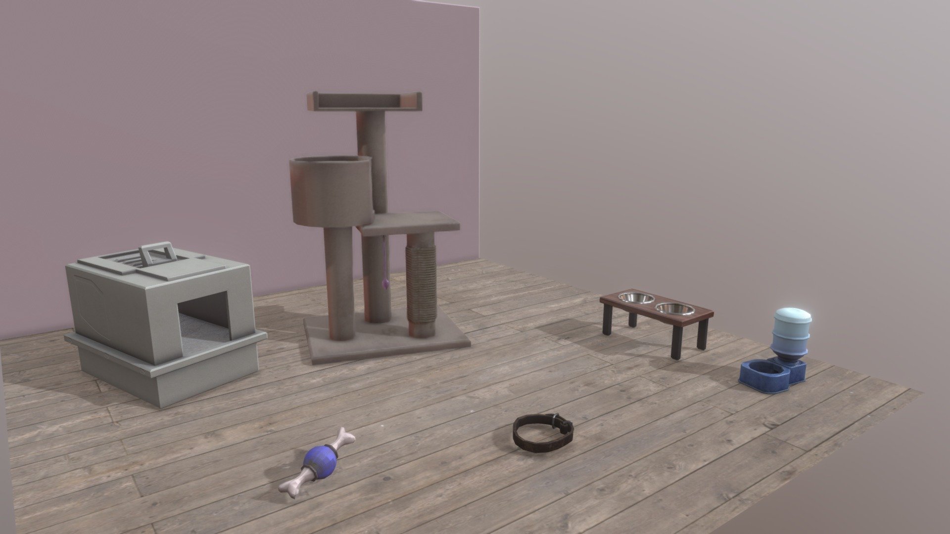 SGD 214 Modeling II assignment &ndash; Six Props. For this assignment I made props fitting a pet items theme. The props are: litterbox, dog toy, dog collar, food bowls, water bowl (gravity / self refilling bowl), and a cat tree.