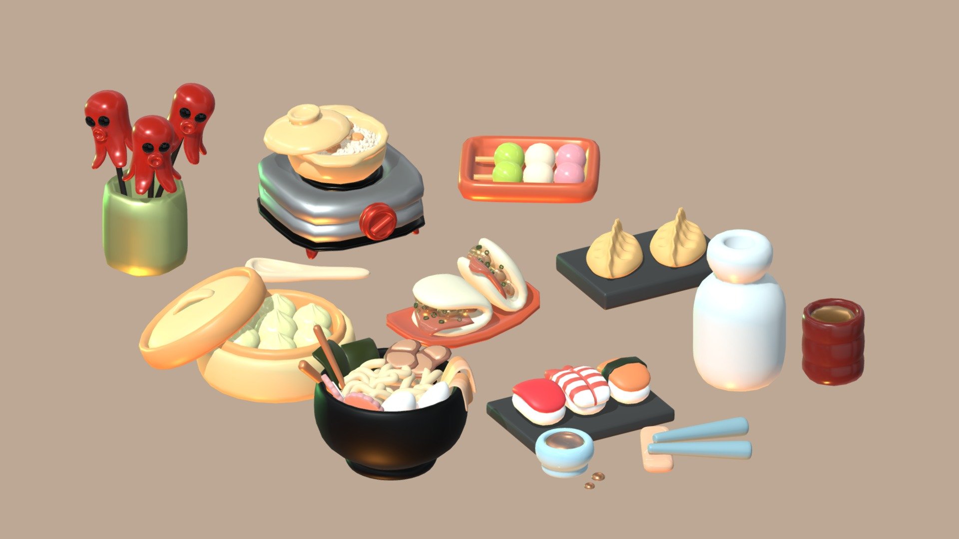 Pack of delicious Japanese food made in Blender. The pack contains different dishes and some cutlery and drinks