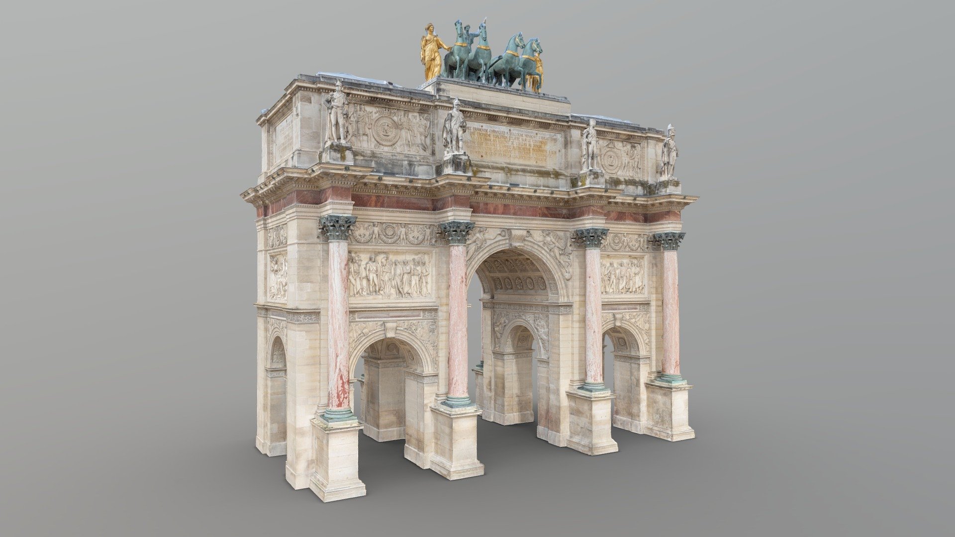 High poly photogrammetry model of the Arc de triomphe du Carrousel in Paris. It was built between 1806 and 1808 to commemorate Napoleon's military victories in the Wars of the Third and Fourth Coalitions (source: wikipedia). It is located near the Louvre Pyramid in the place du Carrousel. 

Reconstructed with Reality Capture (738 images from the ground).

8k and 16k textures (diffuse and normal).

Formats: .dae, .fbx, .stl, .obj