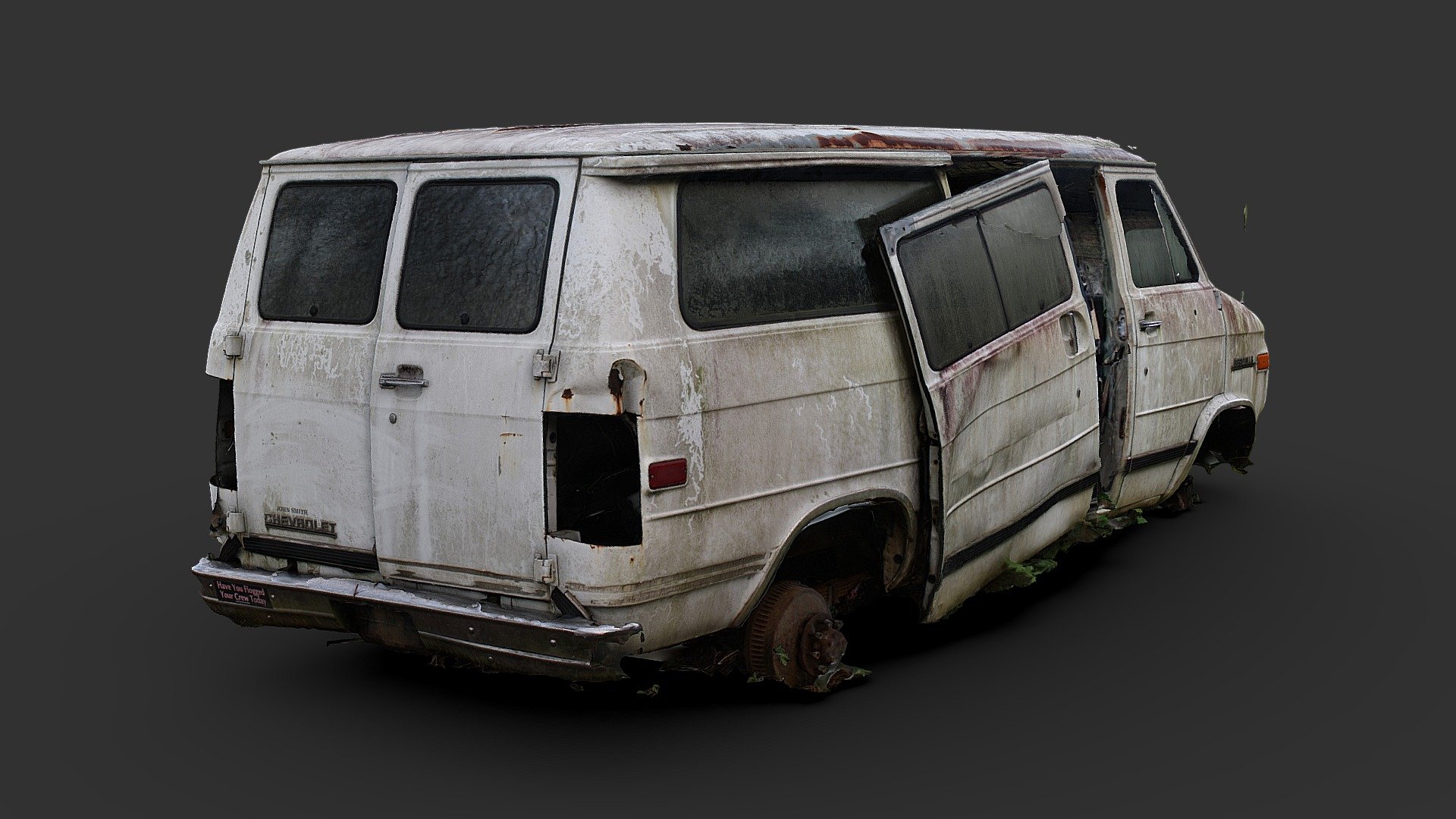 One of a pair of junk commercial vans I scanned this week at the junkyard, this one was little more than a shell, the inside was entirely missing, save for the glass and front seats.

Processed from 404 photos in reality capture, taken with my Canon EOS Rebel XSI