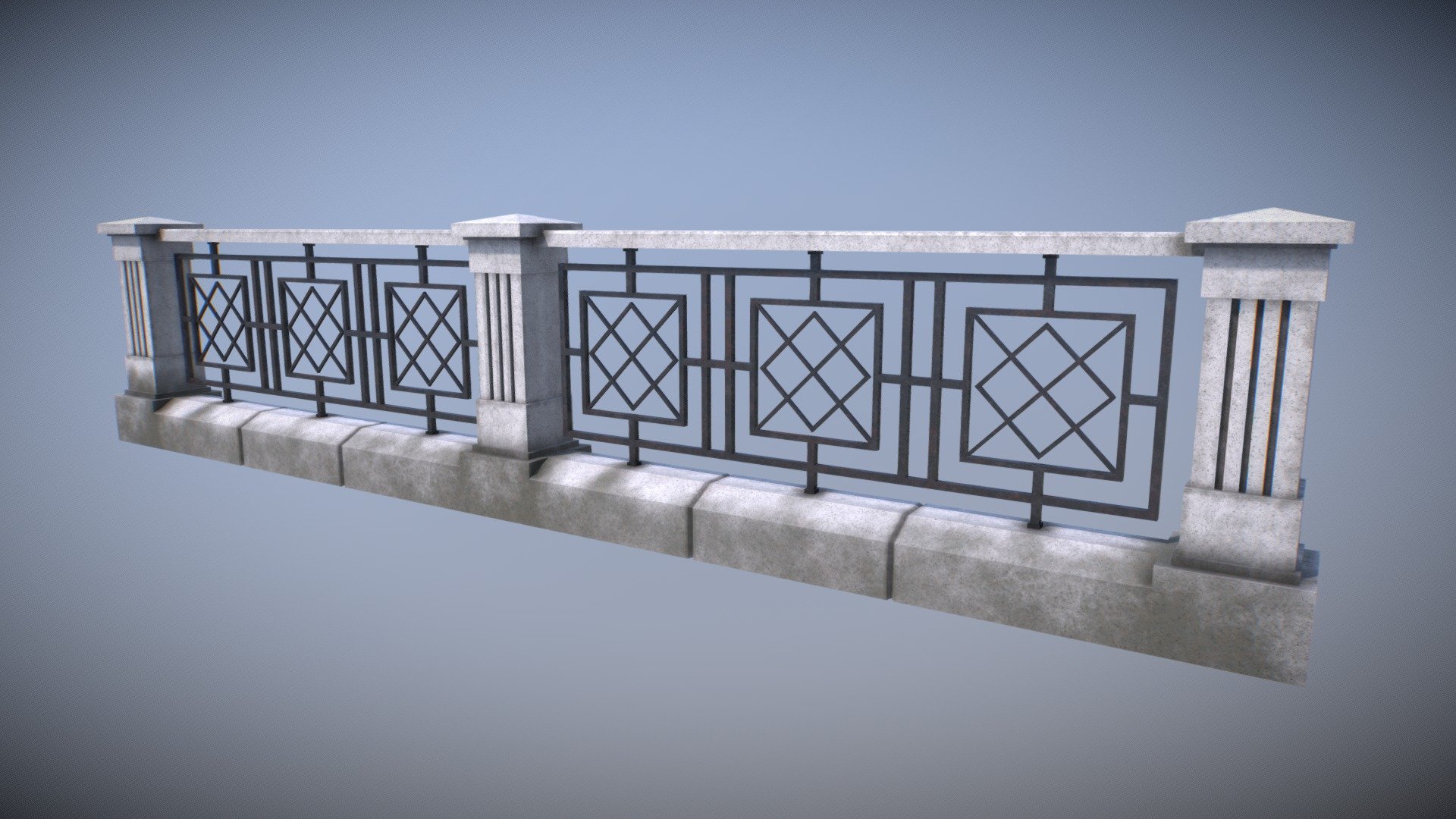 Modular &lsquo;concrete' fence model

Real World Scale
Dimensions:
Width = 30 cm
Height = 95 cm
Section length = 177.6 cm
Pillar length = 30 cm

Polygonal Count: 
3 pillars and 2 sections:
Quads 1859
Tris 3718
Verts 1892

One section:
Quads 817
Tris 1634
Verts 784

One pillar:
Quads 75
Tris 150
Verts 108

The Fence is modular, so sections paint are the same.
Pillars have different paint for Start, End and the Middle pillal.