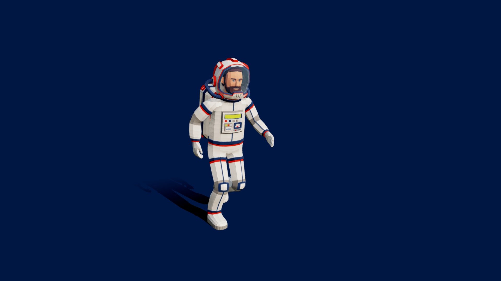 The low-poly stylized astronaut was made in Blender 3D and features a great rig with facial animation controlled by just two bones. Five animations are included as examples for this low-poly astronaut in a spacesuit, but you can easily create any other poses and animations for this character.

This astronaut in a spacesuit uses a standard set of textures including base color, normal map, roughness map, metallic map, emissive map, and transparency map. This means you can import this model into different 3D applications, such as Unity and others.