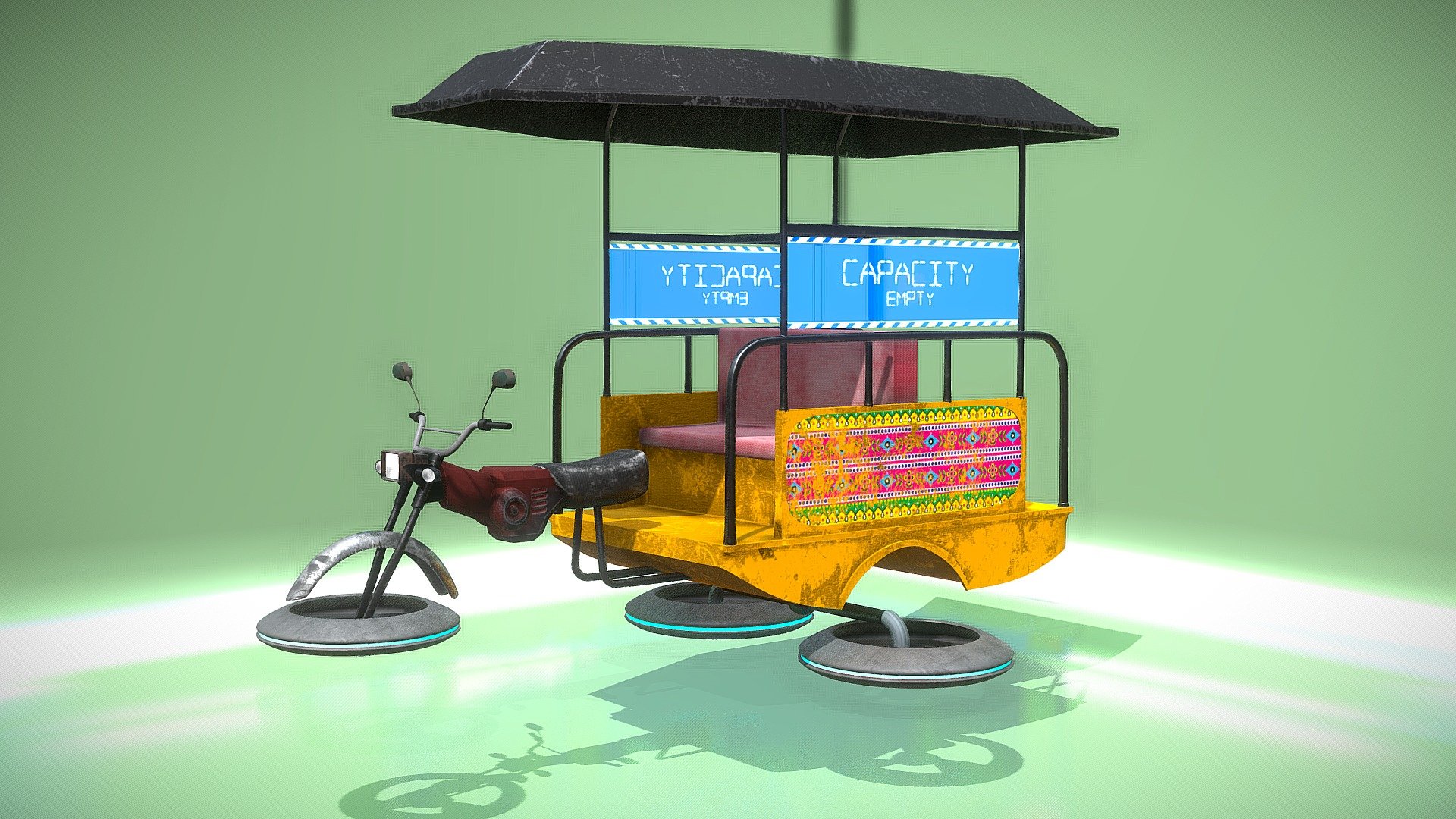 My Sci fi take on a qingqui/rickshaw that I built on top of a base reference by @Junaid_shakoor
https://sketchfab.com/3d-models/low-poly-qingqi-rickshaw-for-mobile-games-99a87f79f5bb45ab83d6379d98cf9838

Re-modeled and retextured the whole thing using Blender and Substance Painter.