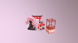 Japanese festival pixel-art, blockbench, low-poly