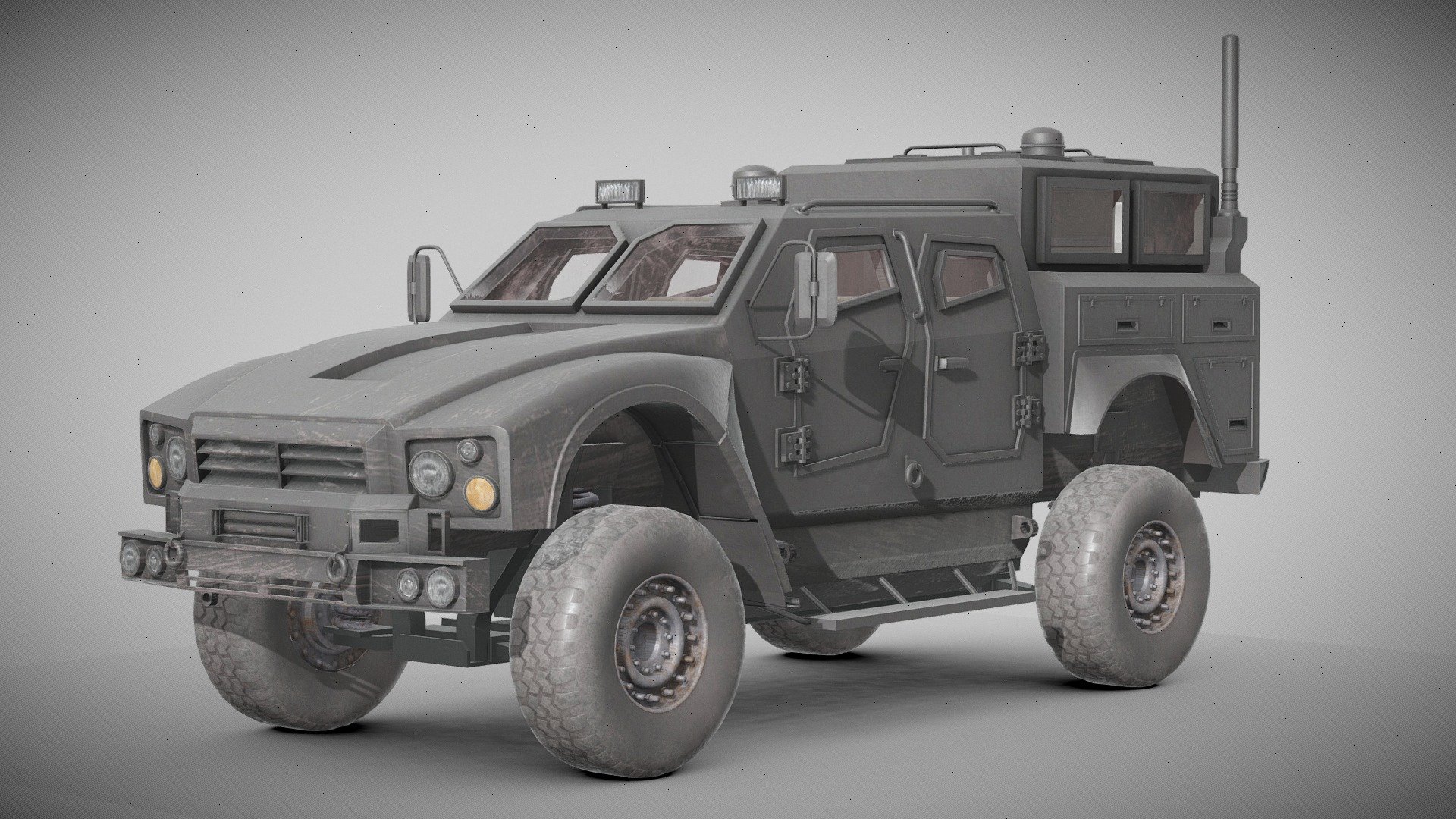 Mid poly model (48k triangles) of an armored police vehicle, modeled in Blender and textured in Substance Painter and Photoshop. 

Suitable for games. All textures are in 2048 resolution, except for the lights, which is 1024. The vehicle is based on Okshosh M-ATV. If you have any questions about anything, feel free to contact me