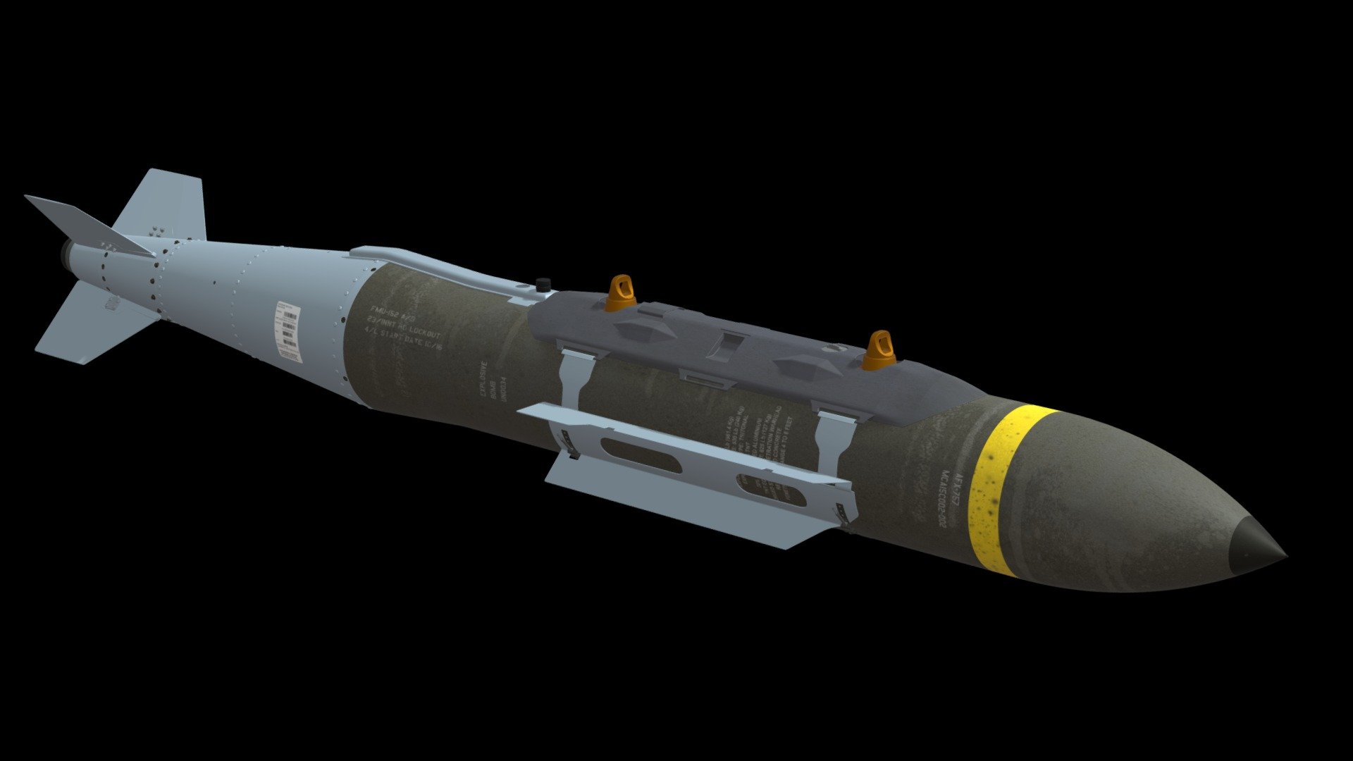 The designation GBU-31(V)/B was allocated to 2000 lb class JDAM bombs with guidance kits from Boeing. At least two different types of warhead can be used with the 2000 lb JDAM tailkits
•   MK 84: Standard 2000 lb LDGP (Low-Drag General Purpose) bomb
•   BLU-109: Instead of the MK 84.The BLU-109/B is a hardened penetration bomb with 2000 lb nominal weight.
it is intended to smash through concrete shelters and other hardened structures before exploding
There are four variants:
•   GBU-31 (V) 1/B MK 84 Bomb body
•   GBU-31 (V) 2/B MK 84 Bomb body with Navy thermal coating
•   GBU-31 (V) 3/B BLU-109 Bomb body
•   GBU-31 (V) 4/B BLU-109 Bomb body with Navy thermal coating
•   About the Models: Modeling was done in Autocad and imported into 3ds max
The model was built using information, photos and images from internet, therefore its geometry and details are not engineering correct or exact.
It is a personal artistic interpretation

It is a high poly model not suitable for games
