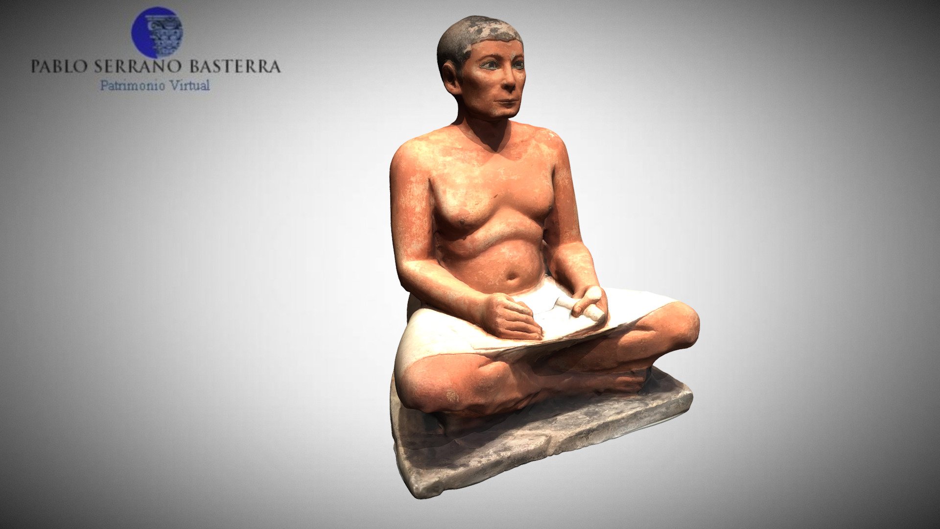 Simple scan of the famous statue representing a scribe at work discovered at Saqqara. It is a painted limestone statue, the eyes inlaid with rock crystal, magnesite (magnesium carbonate), copper-arsenic alloy, and nipples made of wood. Dated at the 5th-4th Dinasty,  2620–2500 BCE.
Dimensions: Height: 53.7 cm; width: 44 cm; depth: 35 cm.
Simple scan, 57,090 faces.