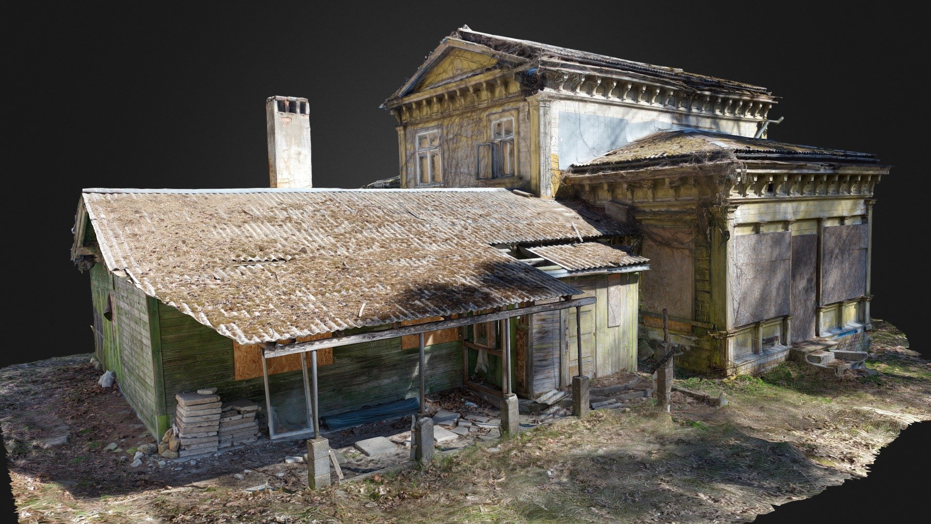 3D scan of an old abandoned house. Mossy roof, sunny day. 
Boarded up windows. 
Old chimney. 

With normal map.