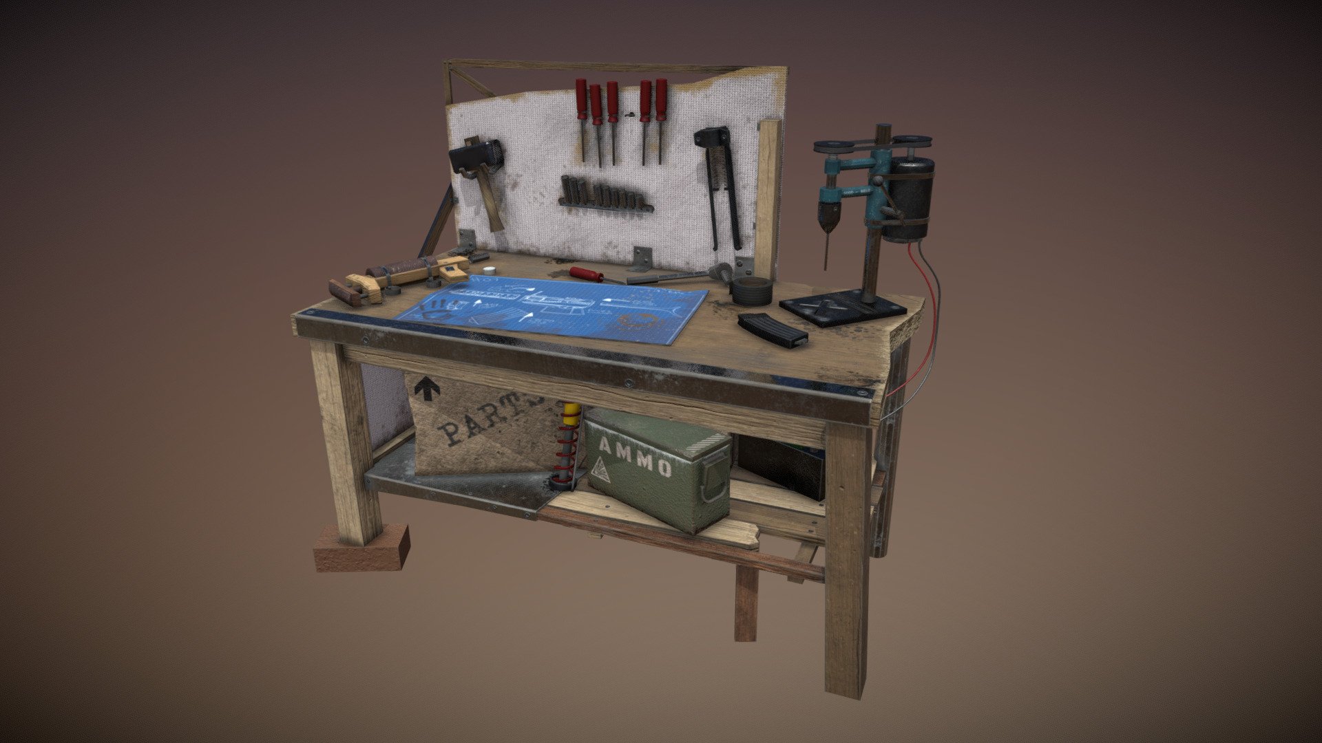Game-ready weapon crafting bench. A place where your character can modify his/her weapons.

Feel free to contact me for custom jobs for your game.