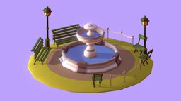 Ethereal Games - Fountain square cute, bench, fountain, videogame, place, colorful, cartoon, game, lowpoly, mobile, stylized, light, noai