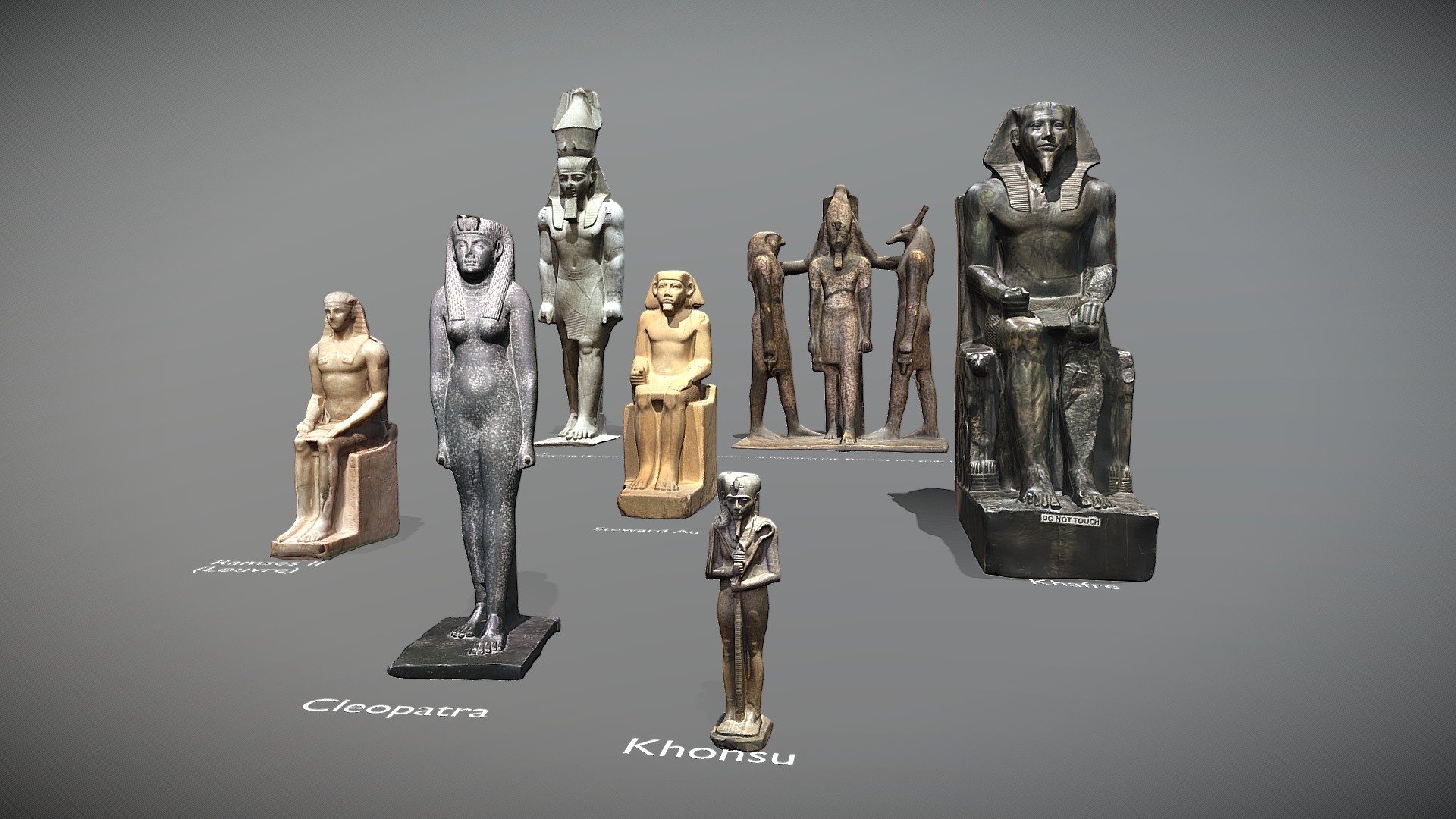 This collection contains several real-life artifacts, scanned at various locations around the world  (Museums or Temples) 

Optimized for game engines while keeping photorealistic visuall quality

Retopology and texture bake in Blender (2k, Diffuse only)

•   Statue of Ramses III Coronation (from Hathor Temple) – Egyptian Museum Cairo

•   Statue of Ramses II – Grand Egyptian Museum

•   Statue of King Khafre – Egyptian Museum Cairo

•   Statue of Ramses II – Louvre Museum

•   Statue of Khensu (moon god) – Egyptian Museum Cairo

•   Statue of Steward Au – The Metropolitan Museum of Art

•   Statue of Cleopatra – Rosicrucian Egyptian Museum
