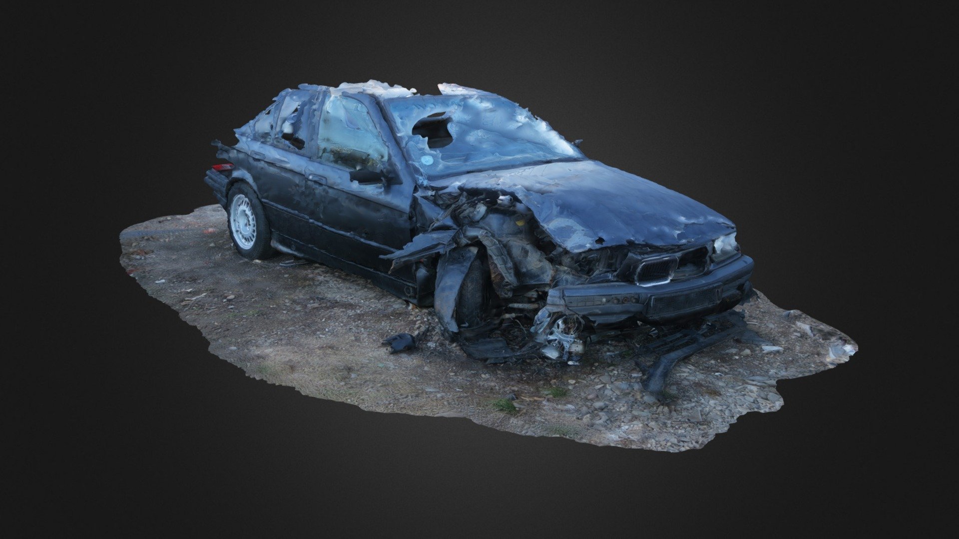 This unlucky BMW Series 3 E36 car, actually suffered two accidents. Besides the nasty, physical road traffic collision, the photogrammetric alignment produced a poor virtual result due to the high reflectiveness of the vehicle's body and windows.