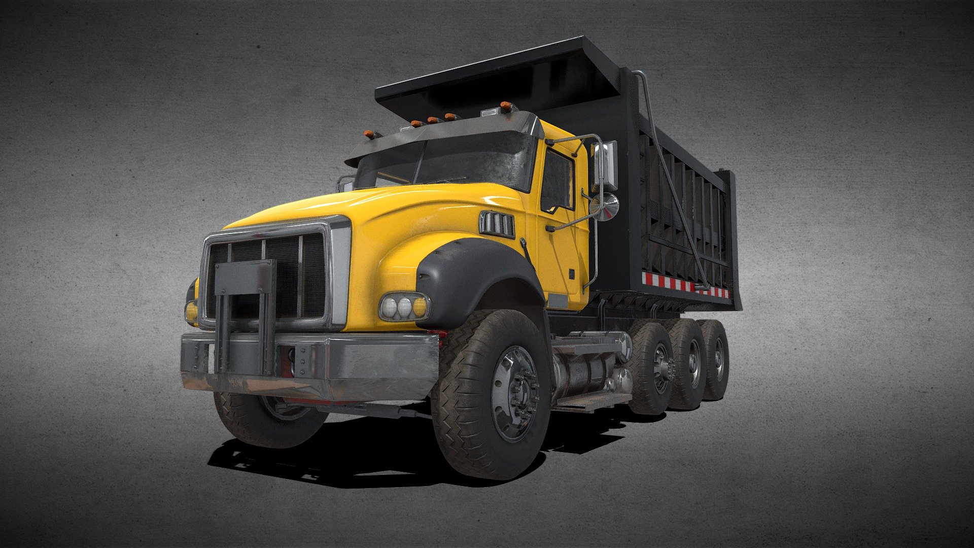 To purchase this product, be sure to check out my stores for FBX, maya scenes, and color packs

https://www.fab.com/sellers/Phil%20Rivera%20Media

https://www.artstation.com/phil_rivera/store?tab=digital_product

Dump Truck model made in maya

Contains UV'd model, skeleton with NO RIGGING. Cables should retain skinning. Textures in 2k and 4k

246808 tris

8 materials, 6 textures each

PBR textures: BaseColor, Normal, Height, Roughness, Metal, AO

tiff format with alphas where needed on the exhaust pipe, and the cab windows

Unreal

8 materials, 3 textures each: BaseColor, Normal, Packed (Occlusion, Roughness, Metallic)