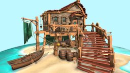 fisherman's hut inspired by sea of ​​thieves island, travel, hut, paradise, pirates-of-the-caribbean, fantasy-gameasset, rhum, stylized-handpainted, stylized-environment, stylizedmodel, seaofthieves, substancepainter, 3dsmax, stylized, 3dmodel, fantasy, pirates, trimsheet