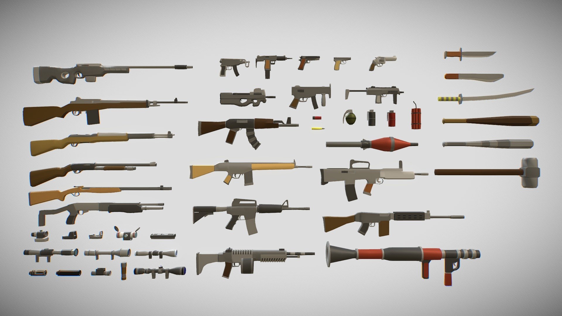 Please support me on Patreon to allow me to make more assets for free like this!


SUPPORT ME ON PATREON
Polygonal Modern Weapons is a high quality asset package for your polygonal or prototype game ideas!




The package uses a single atlas texture that has base colors for all the models. This ensures fantastic visuals and unparalleled performance.

Includes 46 weapon assets! These include melee weapons, explosives, shotguns, rifles, machine guns, sub-machine guns, pistols, attachments, launchers, and more!

Support email : Email Me Here

Aligned Games website : Visit Here
