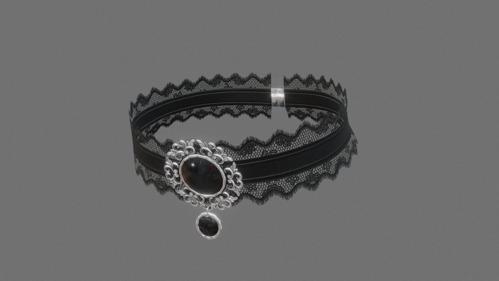 A victorian style choker, with laces and black gemstones.

Modelled in Blender to fit a Metahuman character and textured in Quixel Mixer.

4K maps: Albedo, Roughness, Metalness, Ambient Occlusion and Opacity Mask.

Formats: .fbx and .obj