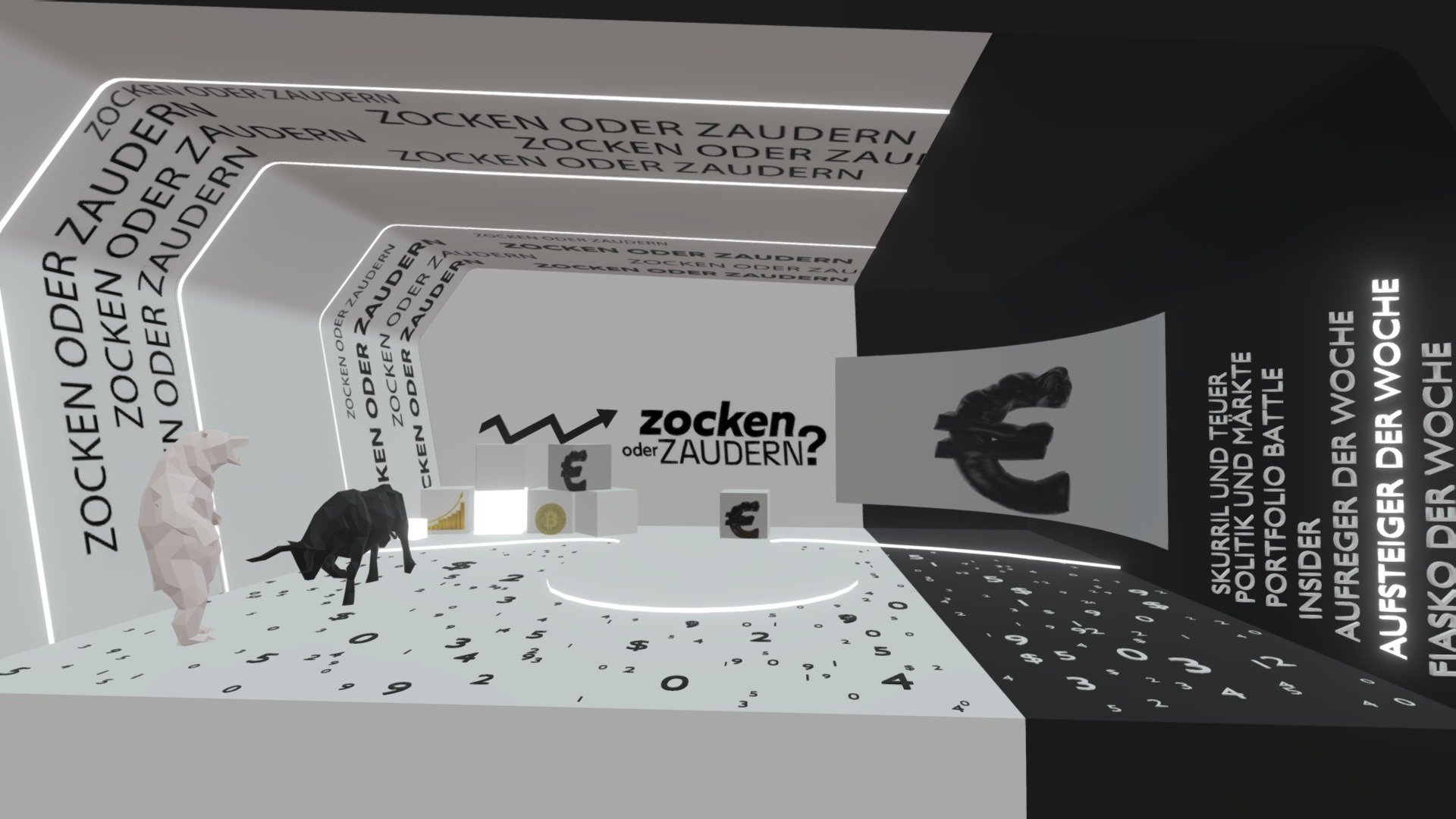 Virtual studio in a b/w typo style for a financial stocks show.