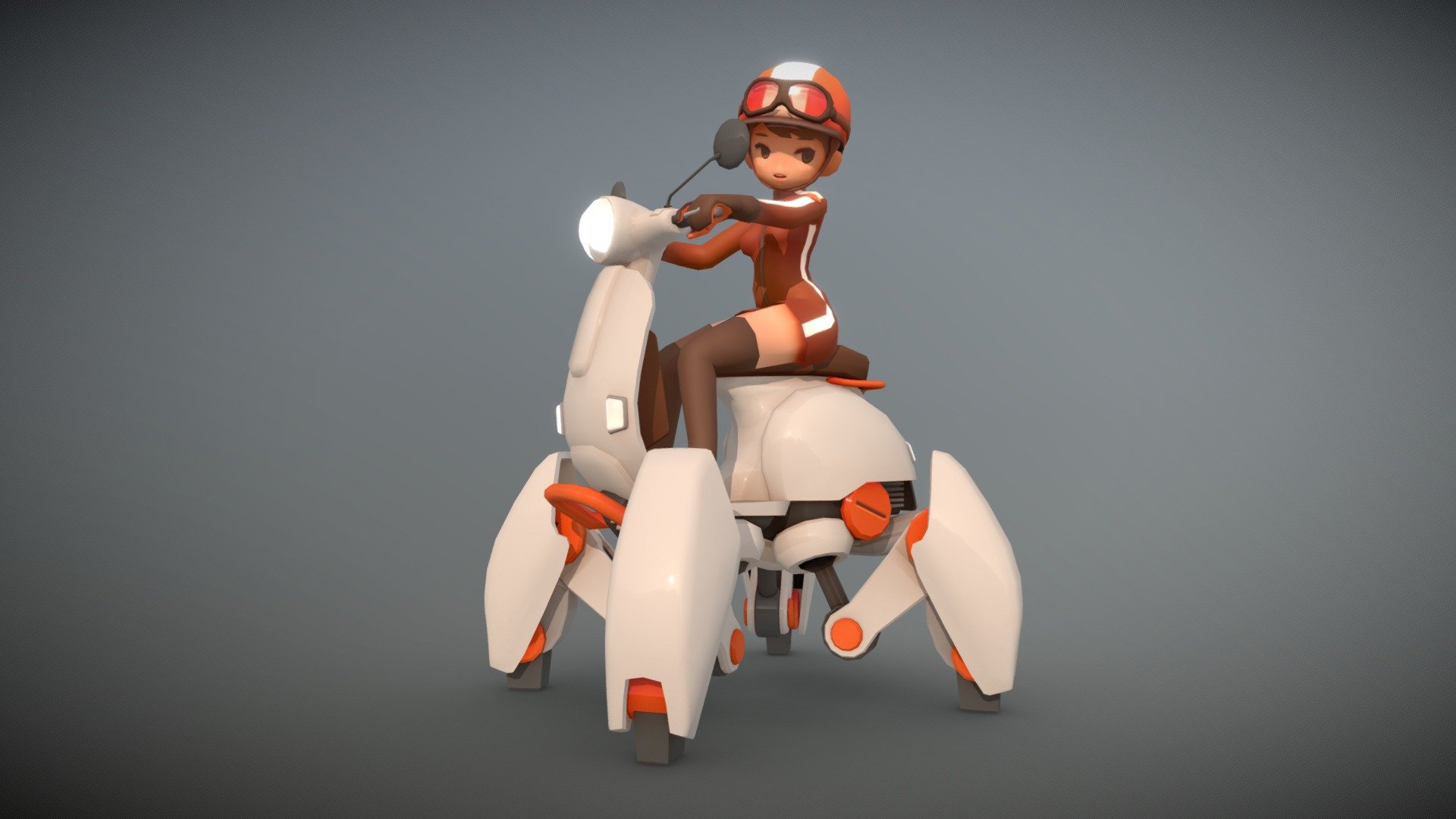 From a retro-scifi game that never got made~

The vehicle was supposed to be electric&hellip; then I forgot about it while using a reference photo of a vespa. Too lazy to fix it again.

www.togglegear.com


- Its legs have rubber tips as default, but can change it to a metal tip when going off-road. It automatically changes its walking style depending on speed and terrain. Or can be manually changed by vocal commands. It's more like horse-riding than driving a motorcycle.-