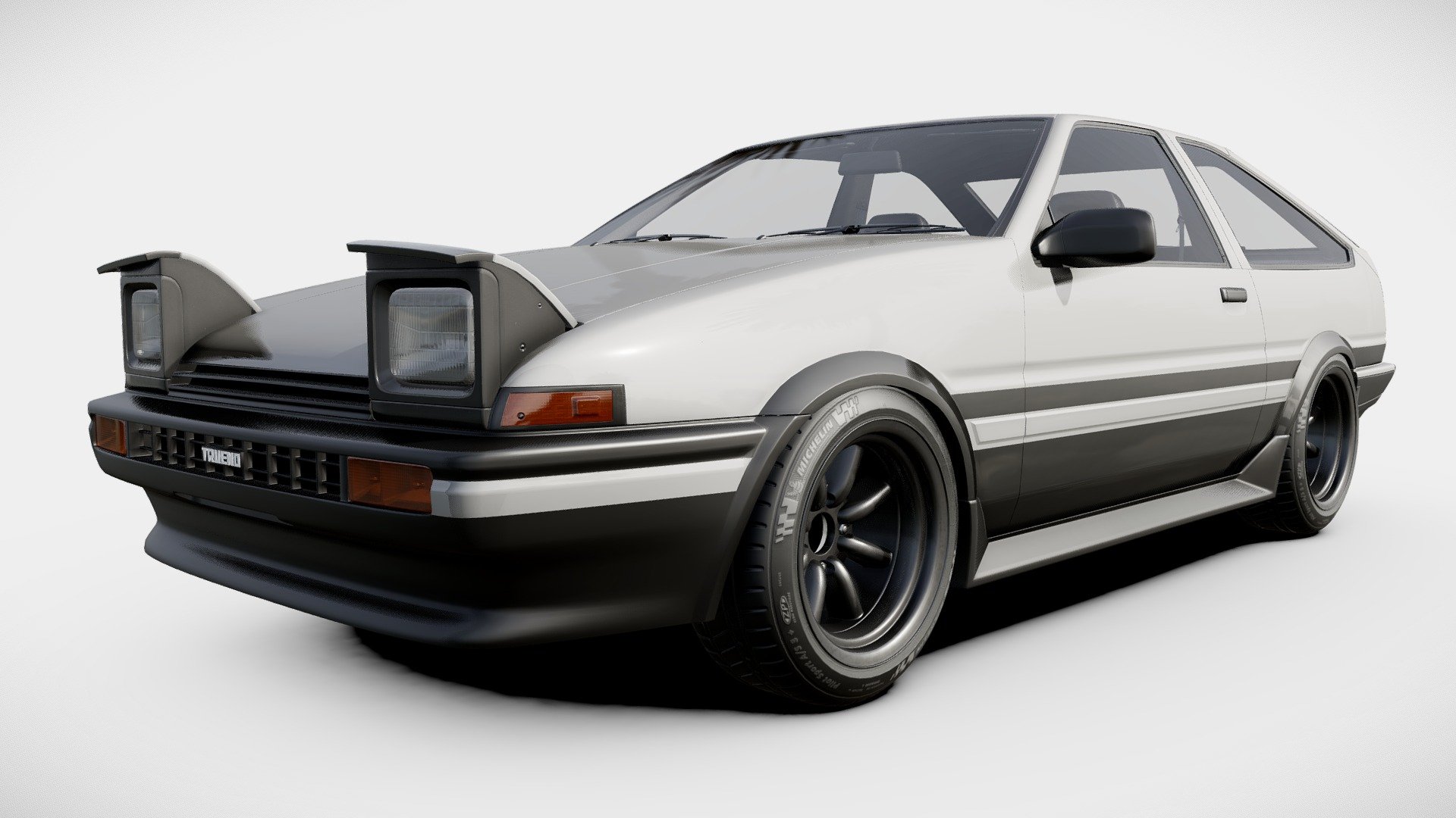 The AE86 series of the Toyota Corolla Levin and Toyota Sprinter Trueno are small, front-engine/rear-wheel-drive models within the front-engine/front-wheel-drive fifth generation Corolla (E80) range — marketed by Toyota from 1983 to 1987 in coupé and liftback configurations. Widely popular for Showroom Stock, Group A, and Group N, Rally and Club racing, the cars’ inherent qualities also earned the AE86 an early and enduring international prominence in the motorsport discipline of drifting. The AE86 was featured centrally in the popular, long-running Japanese manga and anime series titled Initial D (1995–2013) — as the main character’s drift and tofu delivery car. In 2015, Road &amp; Track called the AE86 “a cult icon, inextricably interwoven with the earliest days of drifting.

The model includes interior, but I would recommend not to try and open doors because they are not modeled completely.