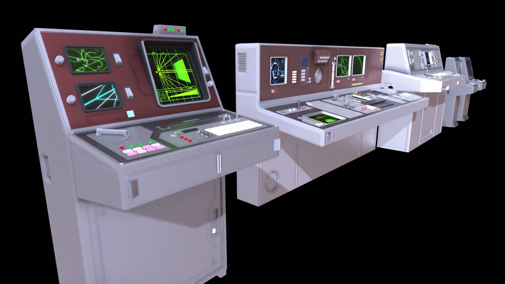Hi,

This is a kit of 5 sci-fi retro computer stations, with materials, inspired from Star Wars, Alien and Blade Runner

The Blend files contains the models with example materials and textures apply to buttons, screens and surfaces, already setup. You can easily change and apply the materials you want on the models.

Attached a .zip file with separated .blend, fbx, skp format for each models

For the 5 models in total : 
Verticles : 64,083 
Faces : 107,840 

Feel free to contact me for any question or assistance :)

Enjoy !