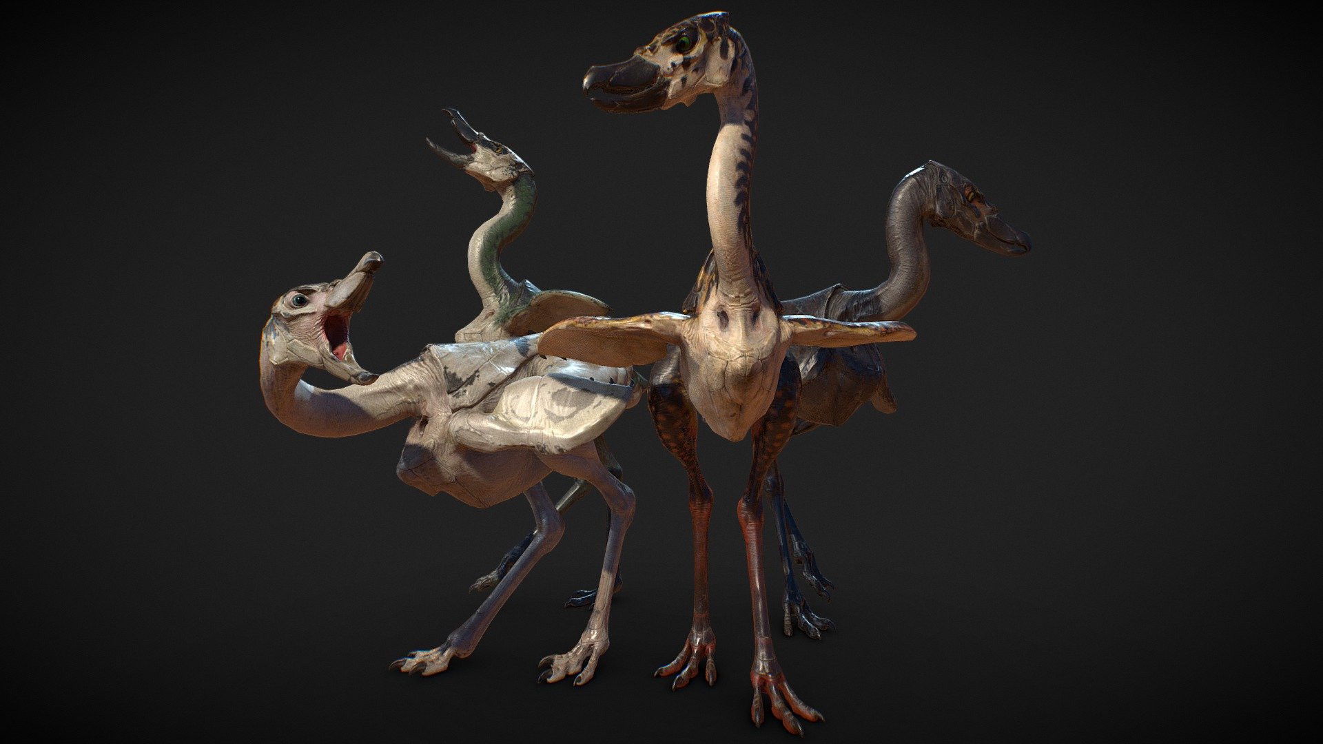 An alien bird based on Earth's large flightless birds, various reptiles and fish.  It's part of a group of creatures all based on African fauna.

The bird has 2 color variations adapted for life on the savanna and jungle, and 2 rarely occurring melanistic and leucistic color patterns. It uses the &lsquo;'eye spots'' on it's &lsquo;wings' as a threat display, mate attraction and for communication when it gathers in flocks with other individuals of it's species.

The store files contain : 
4096 x 4096  textures for the body (Normal map, AO-Roughness-Metalness map, 4 Base color maps : Savannah, Jungle, Melanistic, Leucistic)

2048 x 2048 textures for the eyes  (Normal map, AO-Roughness-Metalness map, Parallax map for Iris depth,  3 Base color maps : yellow, green and blue )

A 3ds Max file containing the skinning, a CATrig with all the bones and controllers, and the bird meshes themselves.

A FBX file of the skinned and rigged bird.

An OBJ file of the bird.

Polycount : 7392 polys, 7365 verts in total.