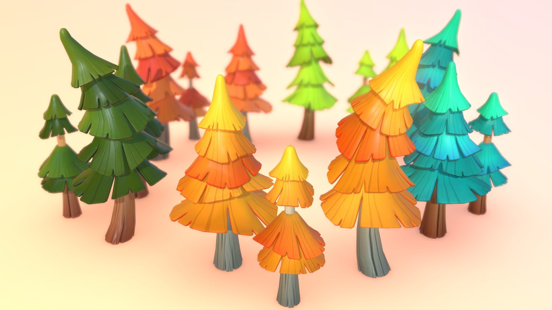 stylized  pine trees.

Bring the beauty of nature to your next project with this stylized colorful Trees Pack!
A pack of 15 cute stylized and toony Pine Tree models with PBR material. 
Also works unlit

There are more assets  to add to your game scene or environment. Check out my sale.
If you need more assets in this style. contact me.

**I also accept freelance jobs. Do not hesitate to write me. **

*-------------Terms of Use--------------

Commercial use of the assets  provided is permitted but cannot be included in an asset pack or sold at any sort of asset/resource marketplace.or shared for free*
