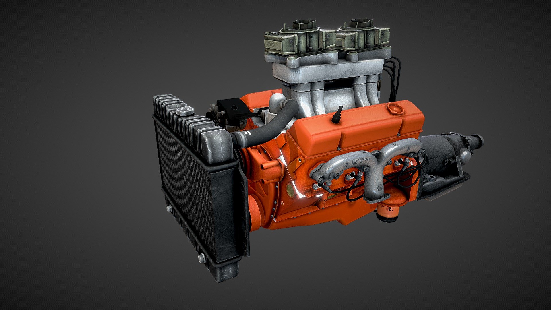 High accuracy V8 engine model, full textured.
Game-ready lowpoly geometry.

Parts list :
1-V8 small block
2-oil pan
3-oil filter
4-left head
5-left head cover
6-left head header
7-right head
8-right head cover
9-right head header
10-dualquad manifold intake
11-holley carburetors
12-fuel pomp
13-water pomp
14-alternator
15-timing cover
16-timing chain and gear set
17-ignition distributor
18-drive pulley
19-air cleaner
20-transmission
21-clutch
22-torque converter
