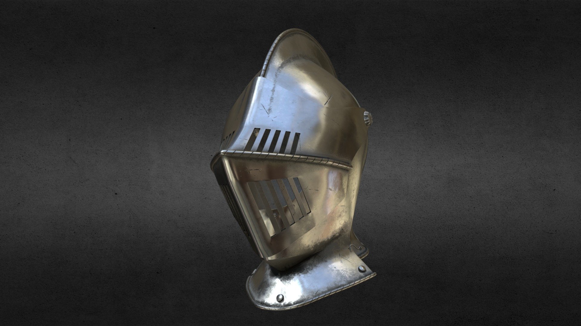 3D Model of Medieval Knight Armet Helmet with visor and ornaments. Used for tournaments or battlefields. Historical accuracy. Adapted to a sample human head with padded coif.
